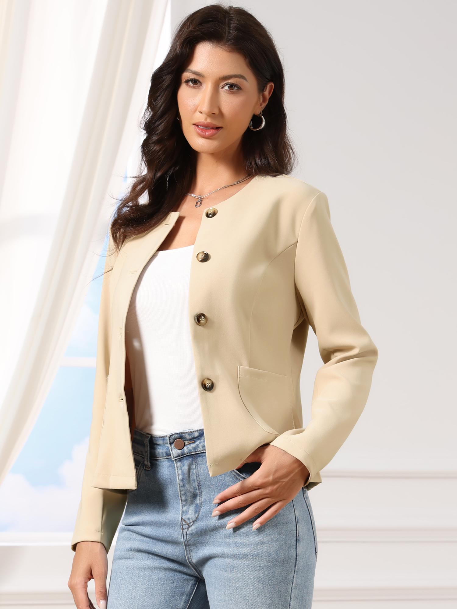 Fall Casual Jacket Elegant Button Front Work Office Blazer Khaki/L