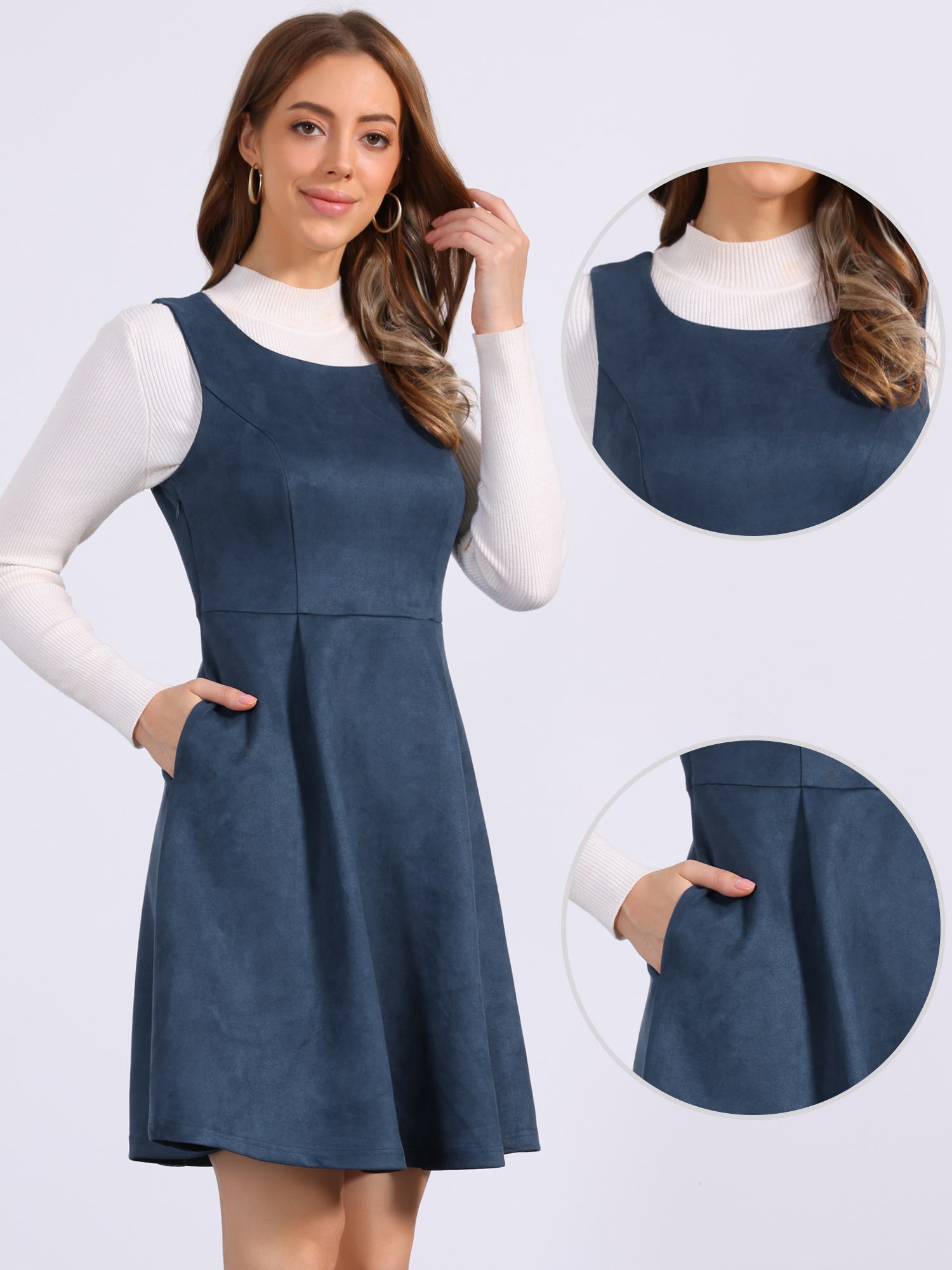 Faux Suede Overall Round Neck Sleeveless A-Line Pleated Dress Dark Blue/S