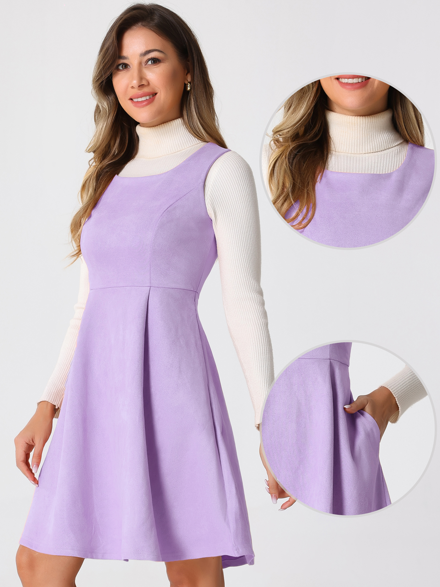 Faux Suede Overall Round Neck Sleeveless A-Line Pleated Dress Purple/M