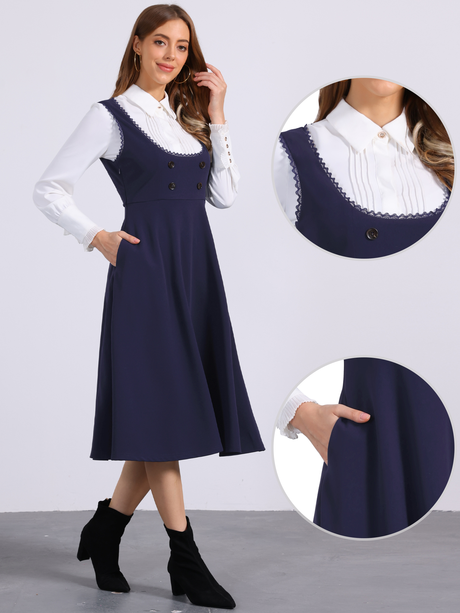 Lace Trim Button Decor Pockets Overalls Midi Pinafore Dress Dark Blue/S