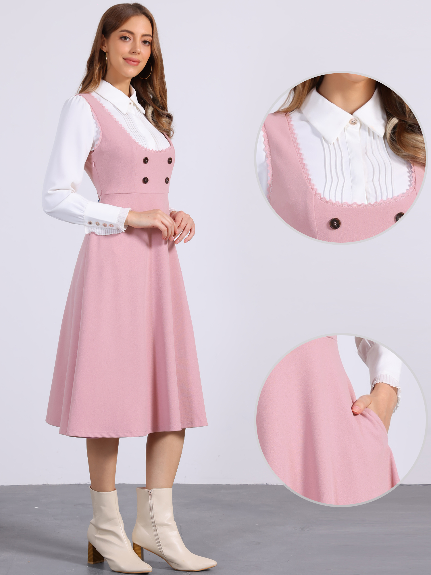 Lace Trim Button Decor Pockets Overalls Midi Pinafore Dress Pink/XL