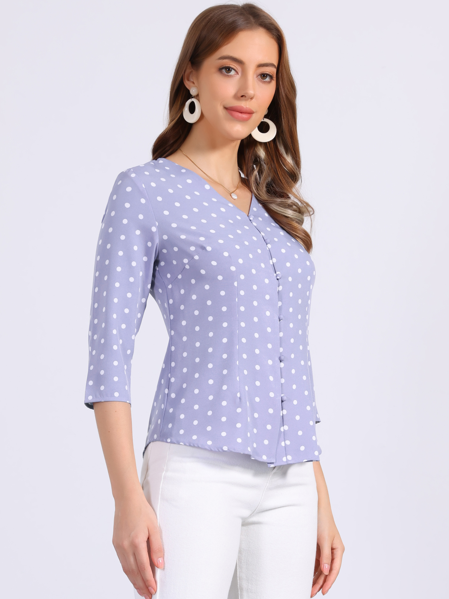 Polka Dots 3/4 Sleeve Button Front Vintage Office Blouse Top Dusty Purple/XS