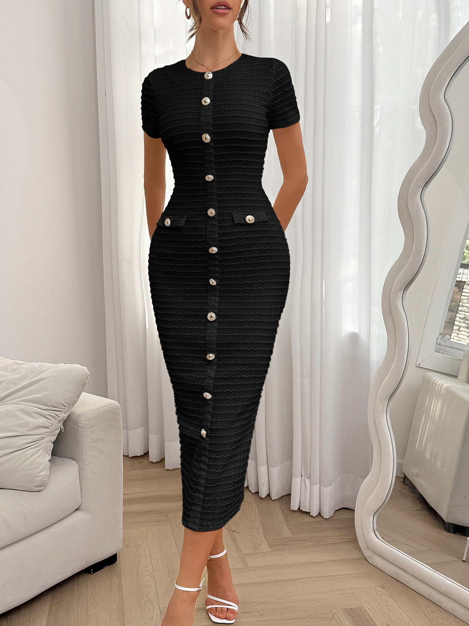 Textured Short Sleeves Button Decor Bodycon Dress Black/S