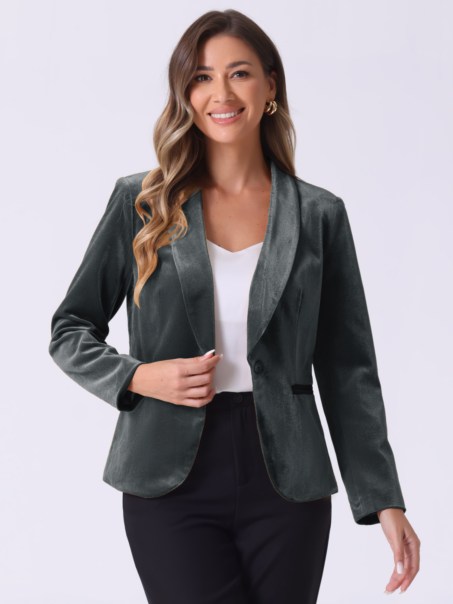 Solid Shawl Collar Single Button Velvet Blazer Dark Grey/M