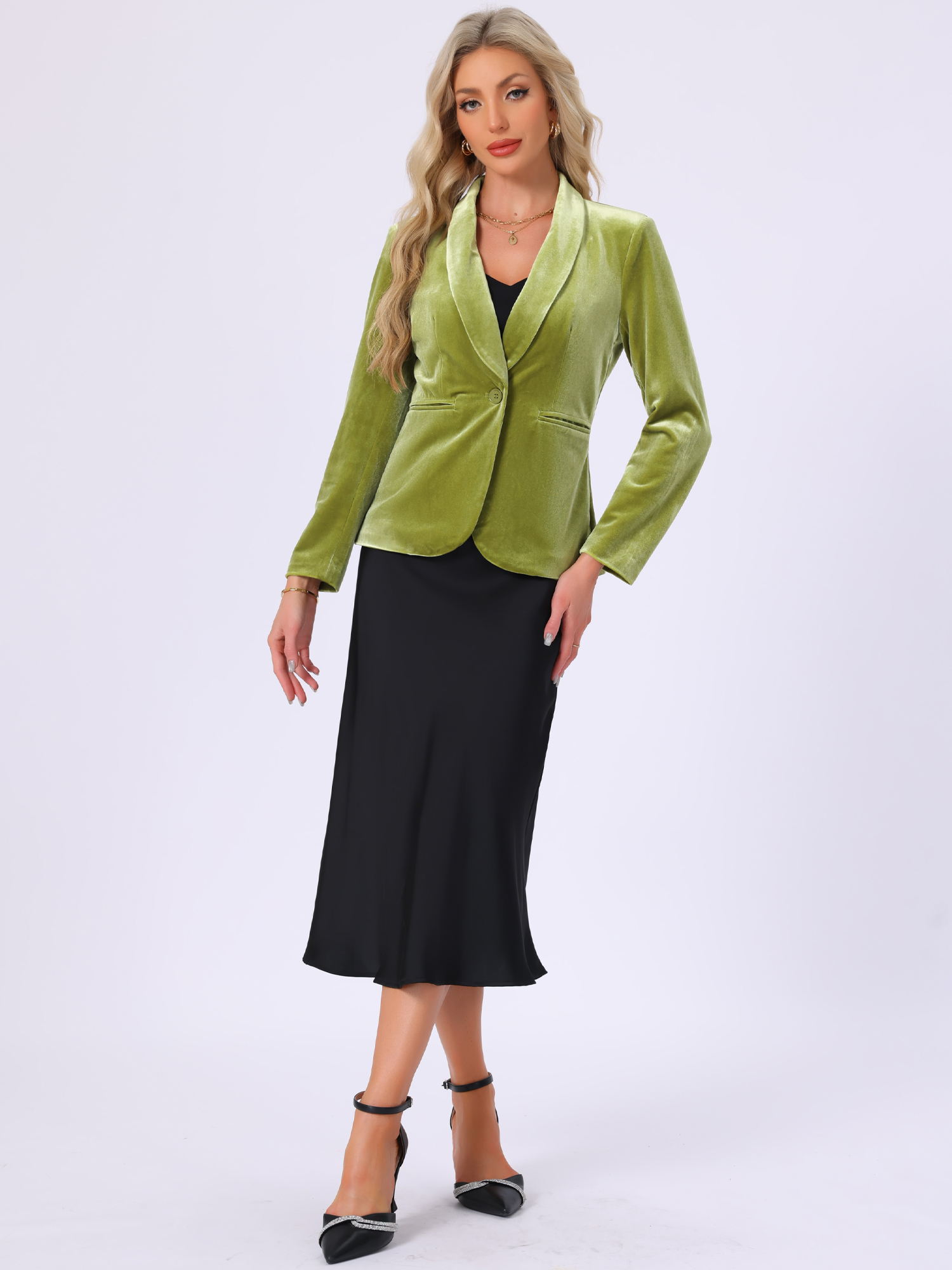 Solid Shawl Collar Single Button Velvet Blazer Green Yellow/L