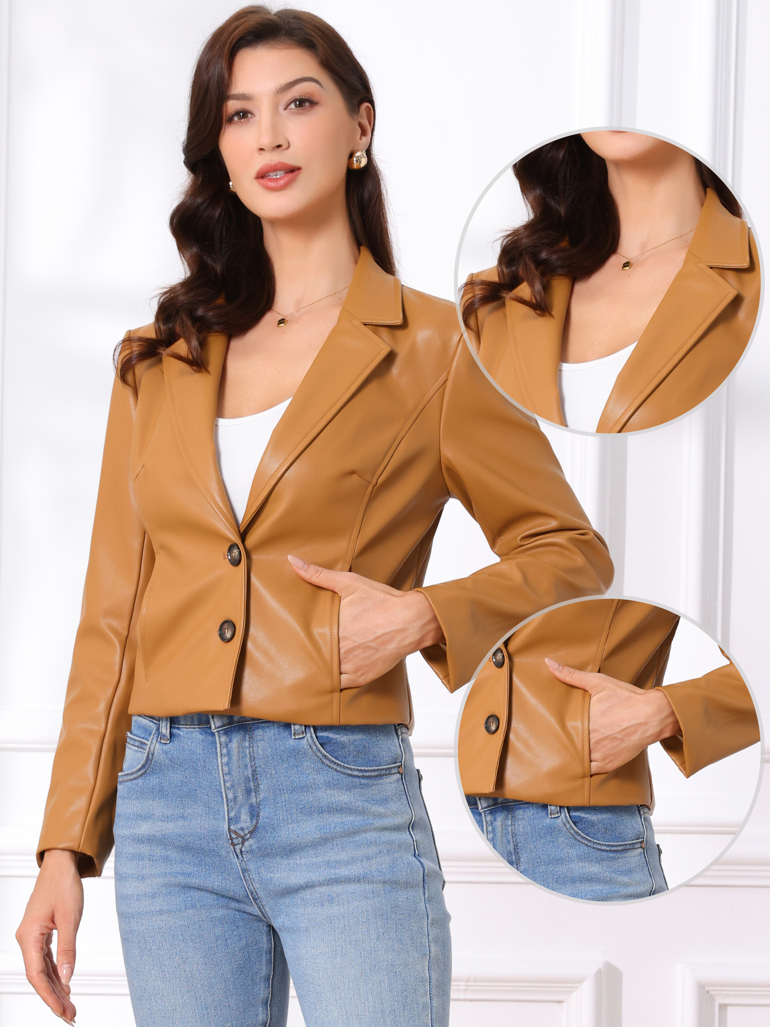 Faux Leather Motorcycle Vintage Cropped Moto Biker Jacket Light Brown/L