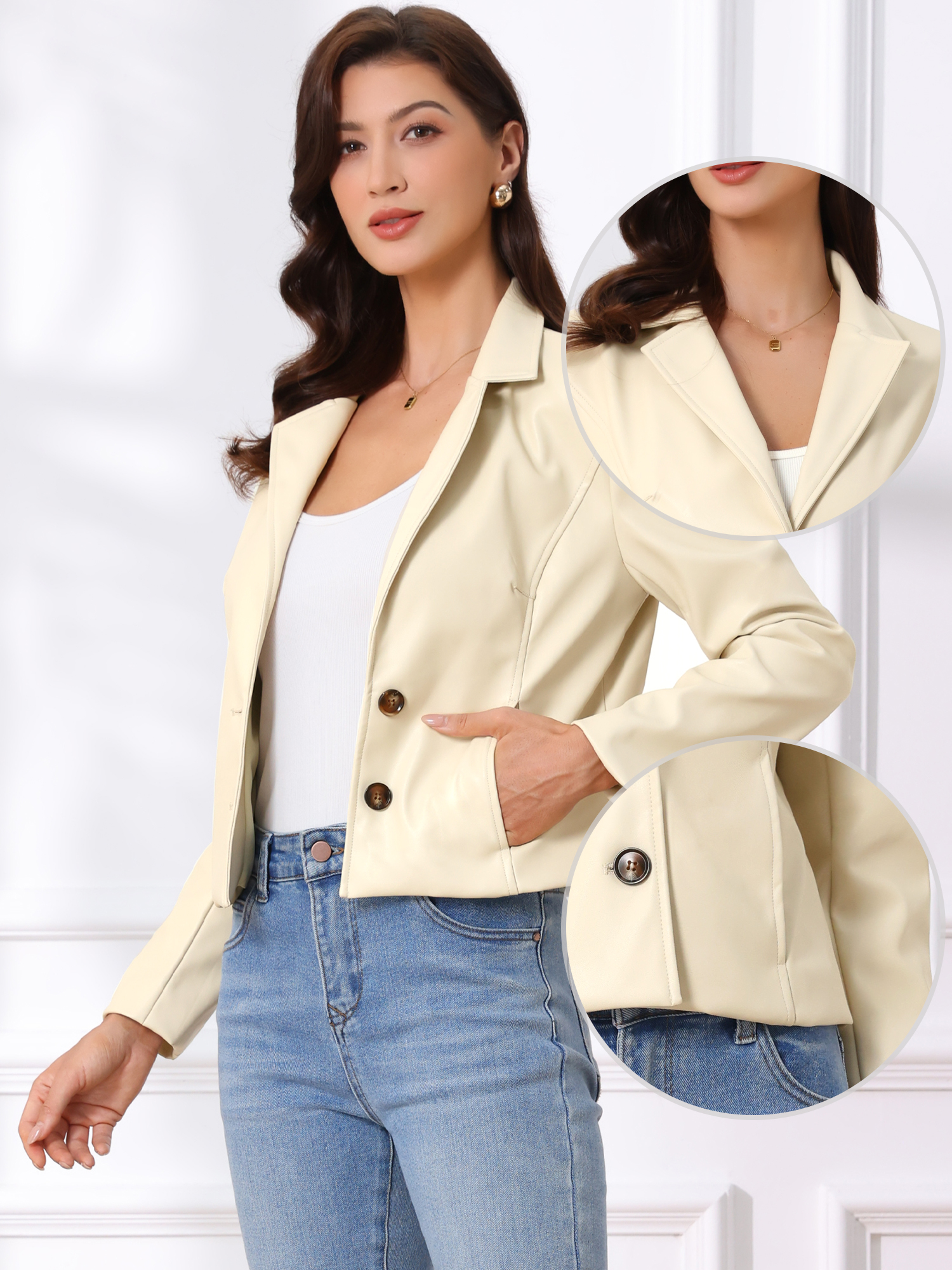 Faux Leather Motorcycle Vintage Cropped Moto Biker Jacket White/M