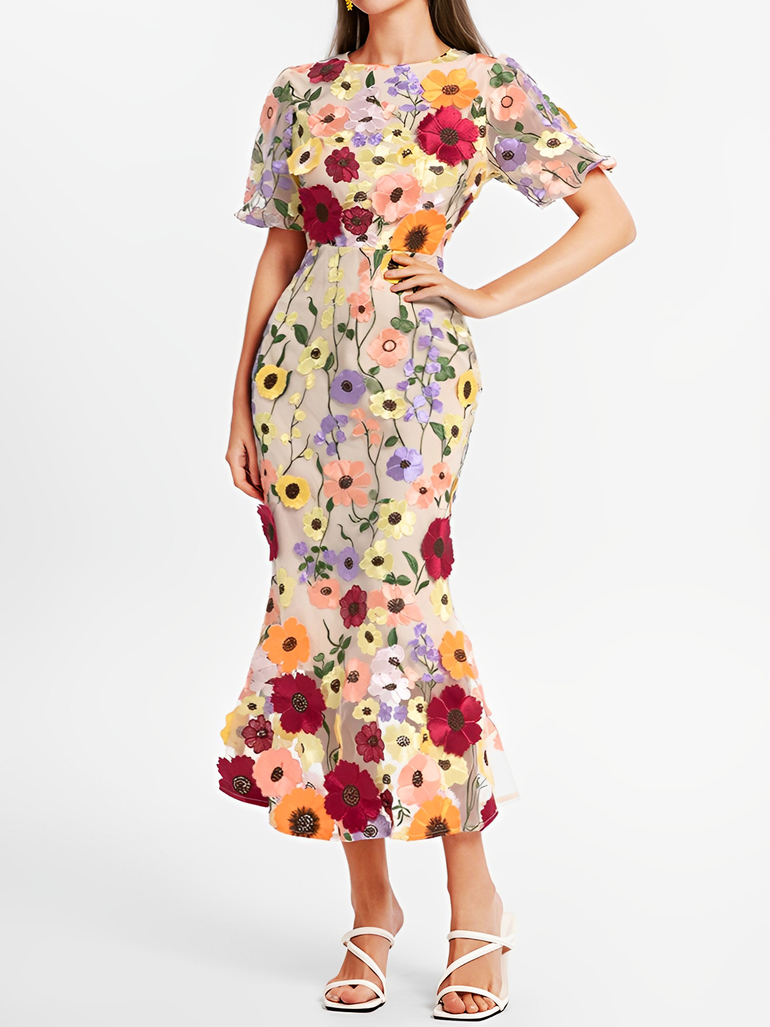 Flower Embroidery Short Sleeve Bodycon Fishtail Dress Apricot/M