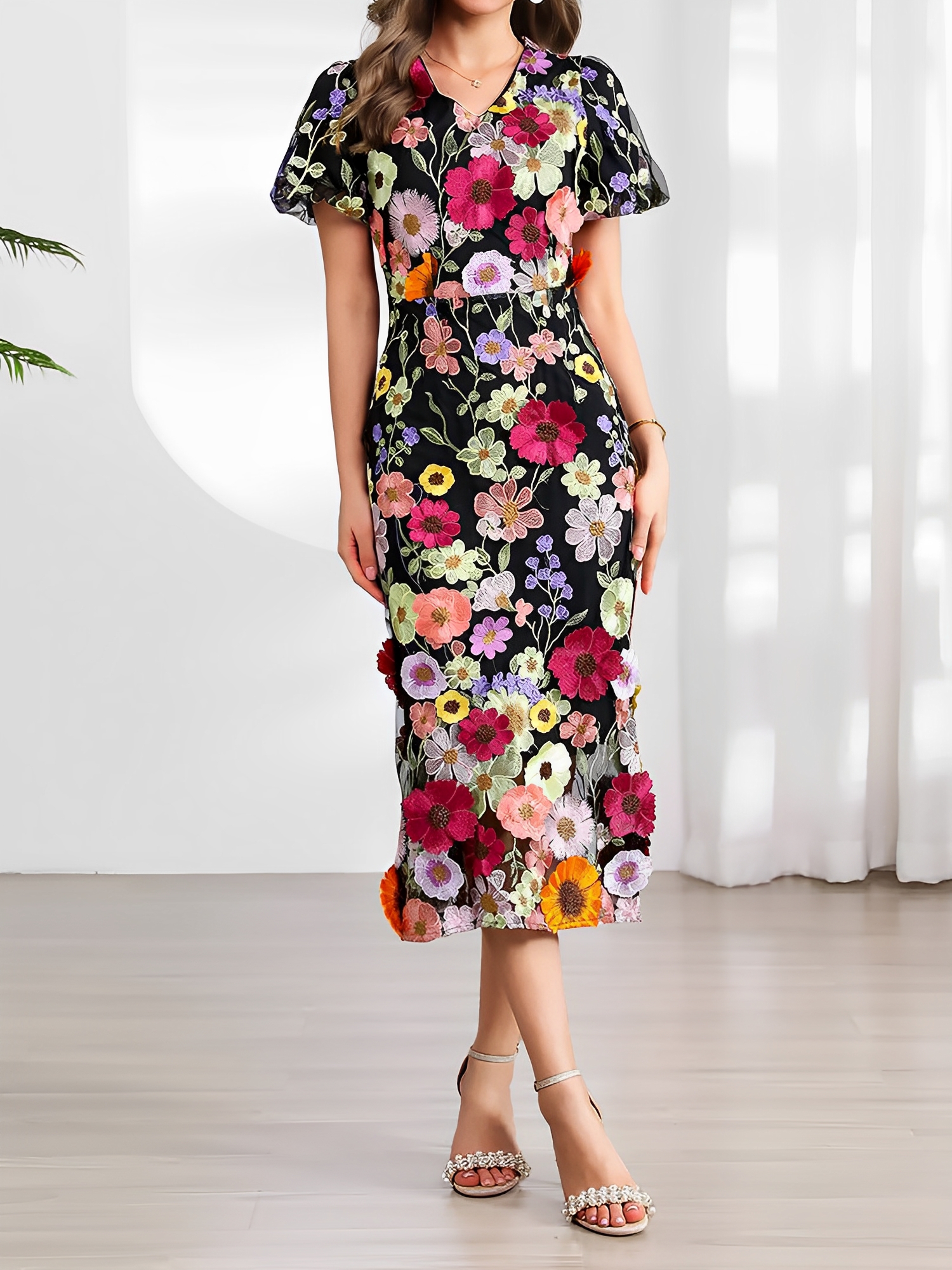 Flower Embroidered Puff Sleeves Midi Sheath Dress Black/M