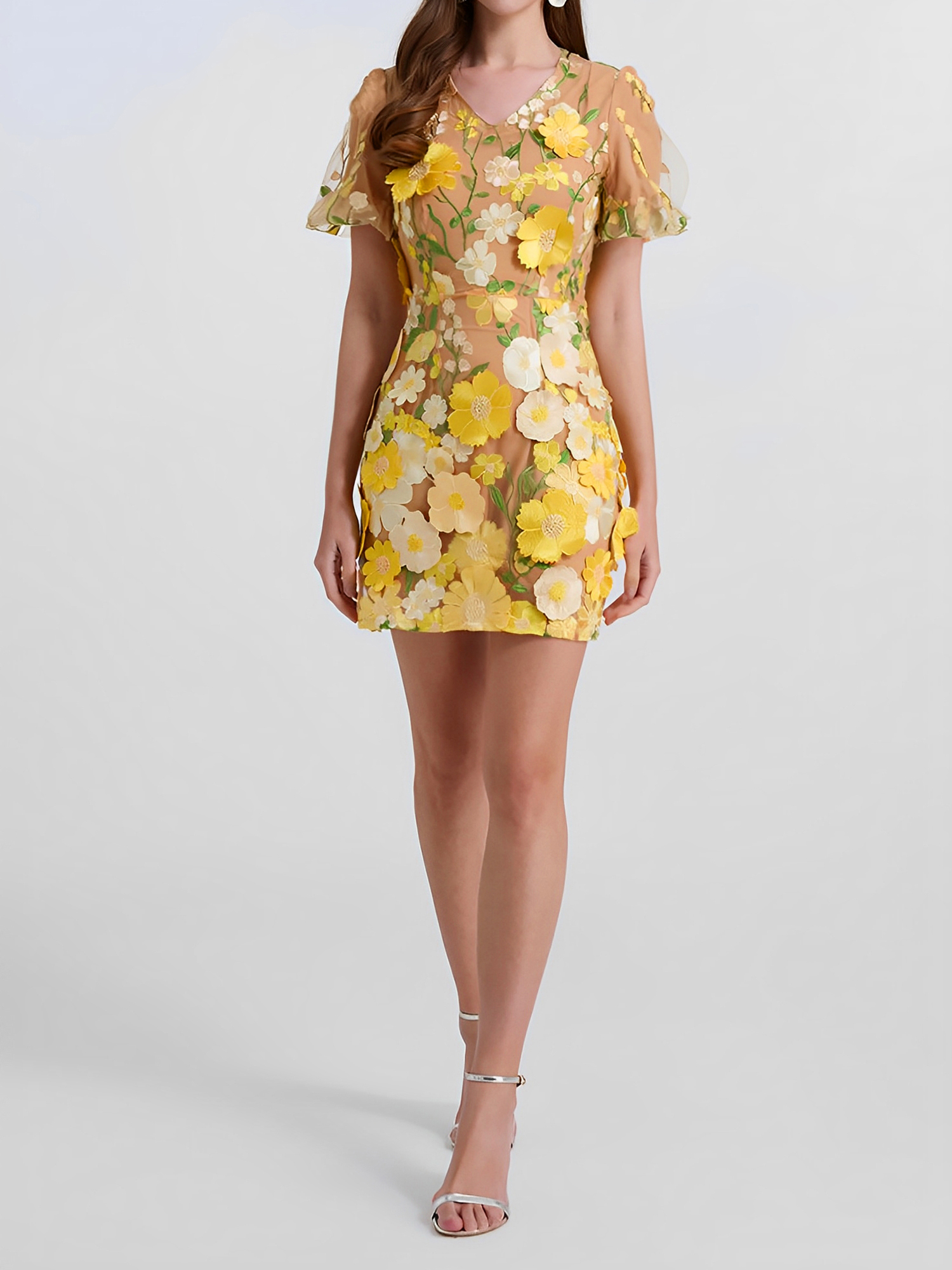 Flower Embroidered Puff Sleeves Mini Sheath Dress Yellow/L