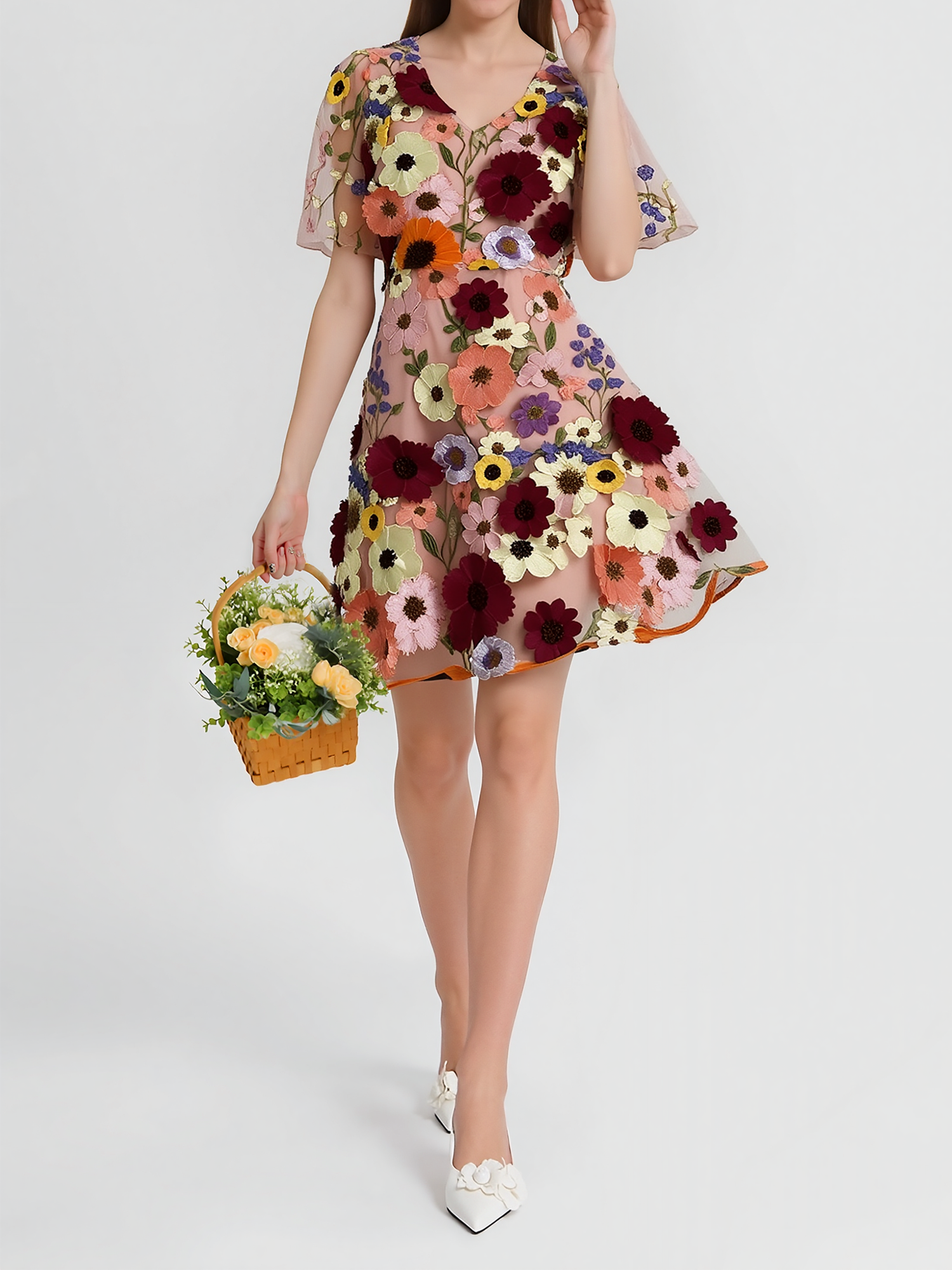 Flower Embroidered Puff Sleeves Mini A-Line Dress Pink/M