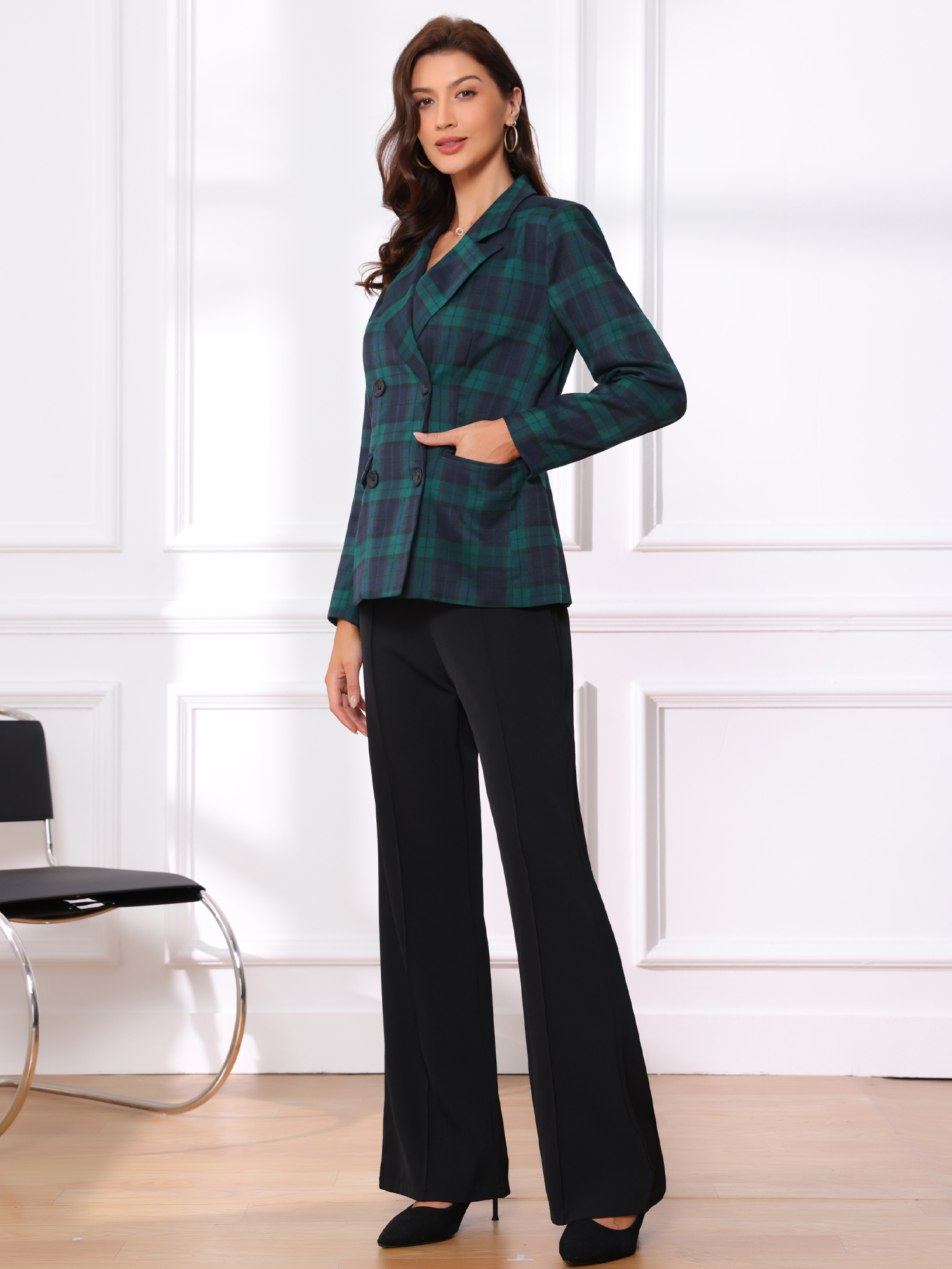 Notched Lapel Double Breasted Work Formal Blazer Dark Green/XS