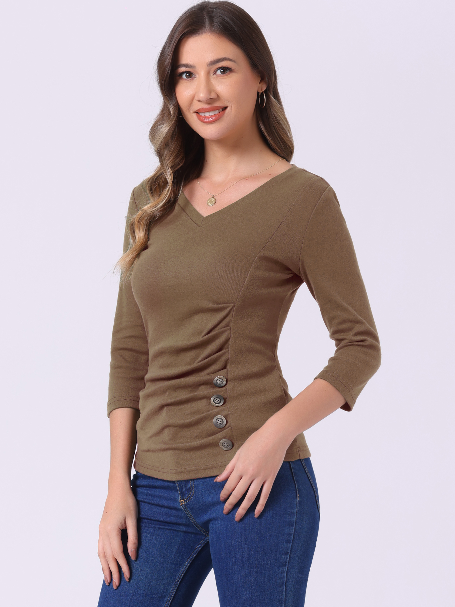 V Neck 3/4 Sleeves Solid Knitted Button Decor Ruched Blouse Dark Khaki/XS