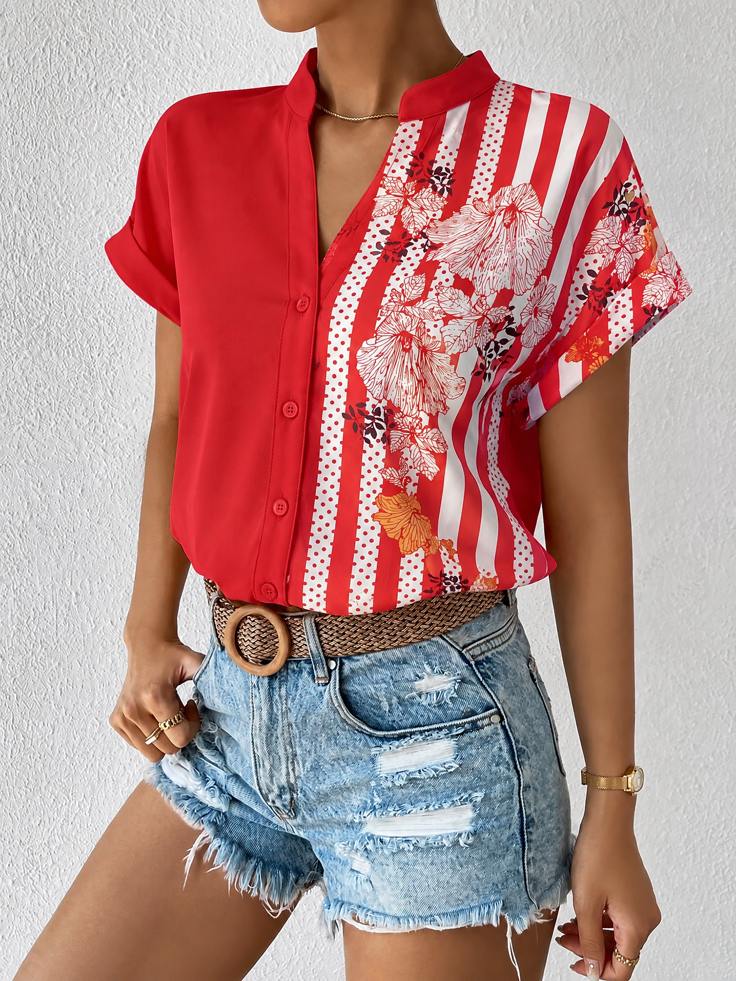 Floral Button Down Short Sleeves Casual Blouse Red/L