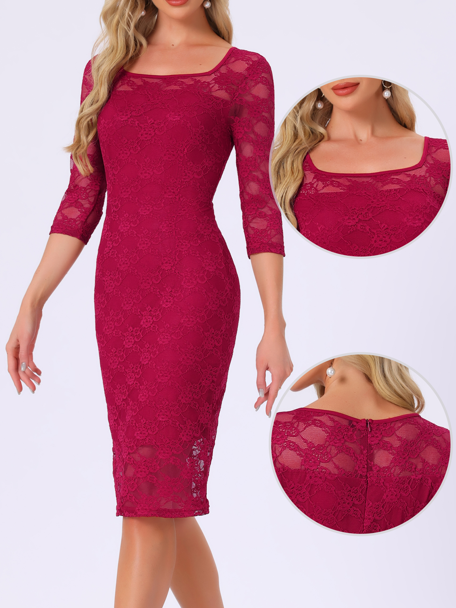Lace 3/4 Sleeve Dress Square Neck Midi Straight Tired Dark Red/L