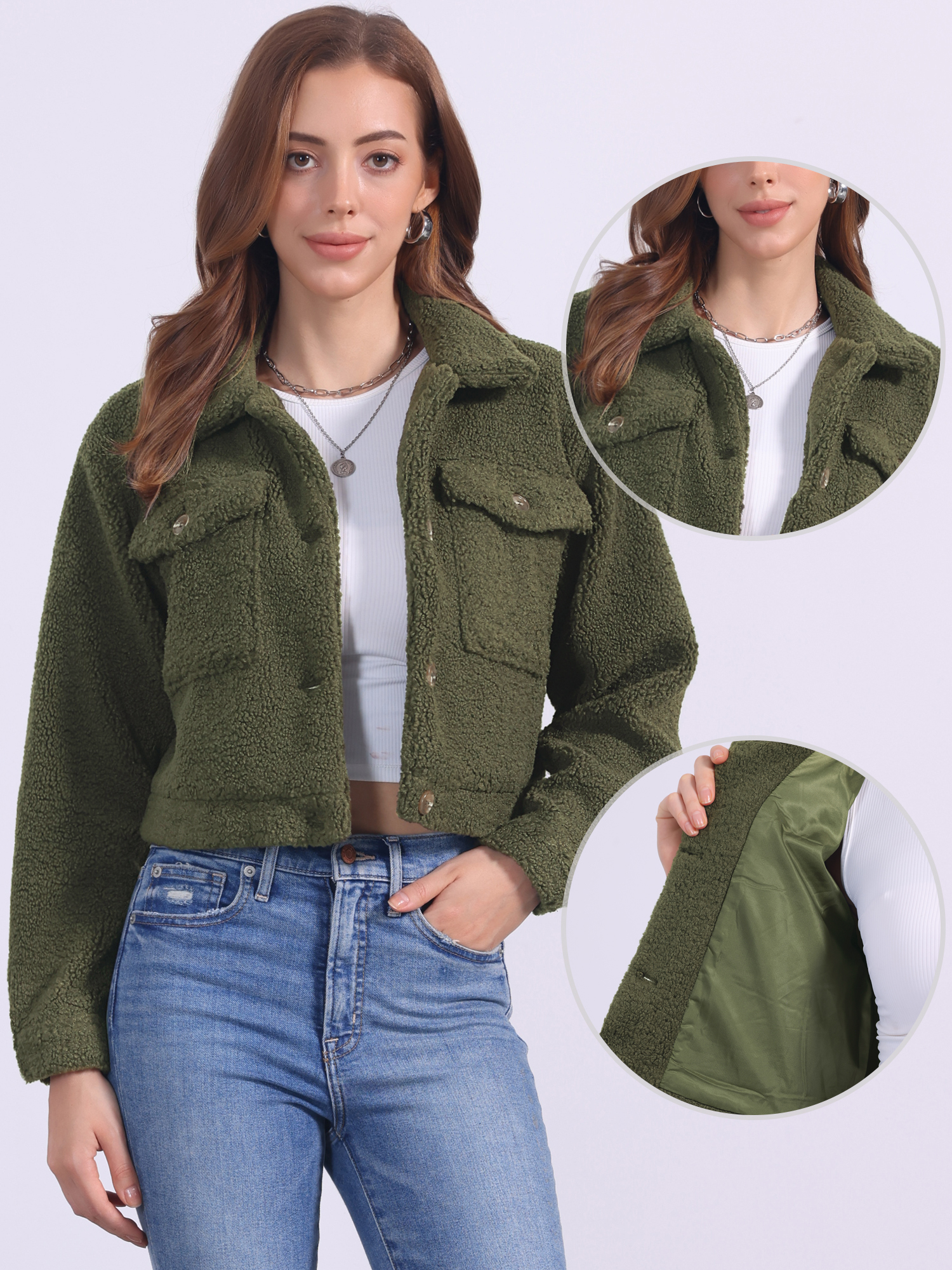 Faux Fur Lapel Button Down Long Sleeve Cropped Jackets Army Green/M