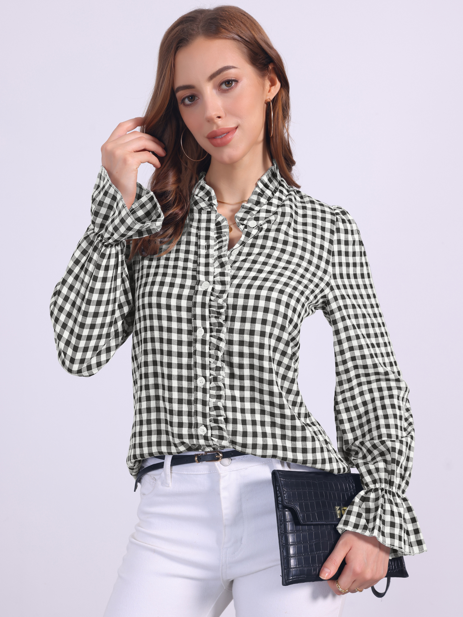 Gingham Ruffle V Neck Long Sleeve Plaid Shirt Black/M