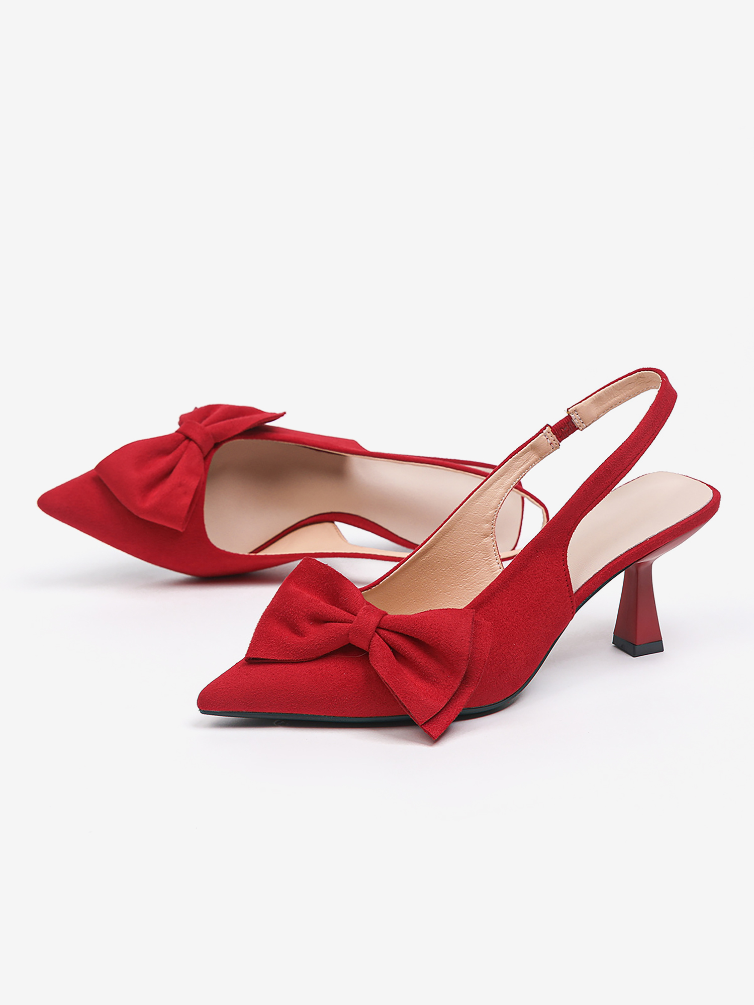 Bowknot Pointed Toe Stiletto Heel Faux Suede Slingback Pumps Red/10