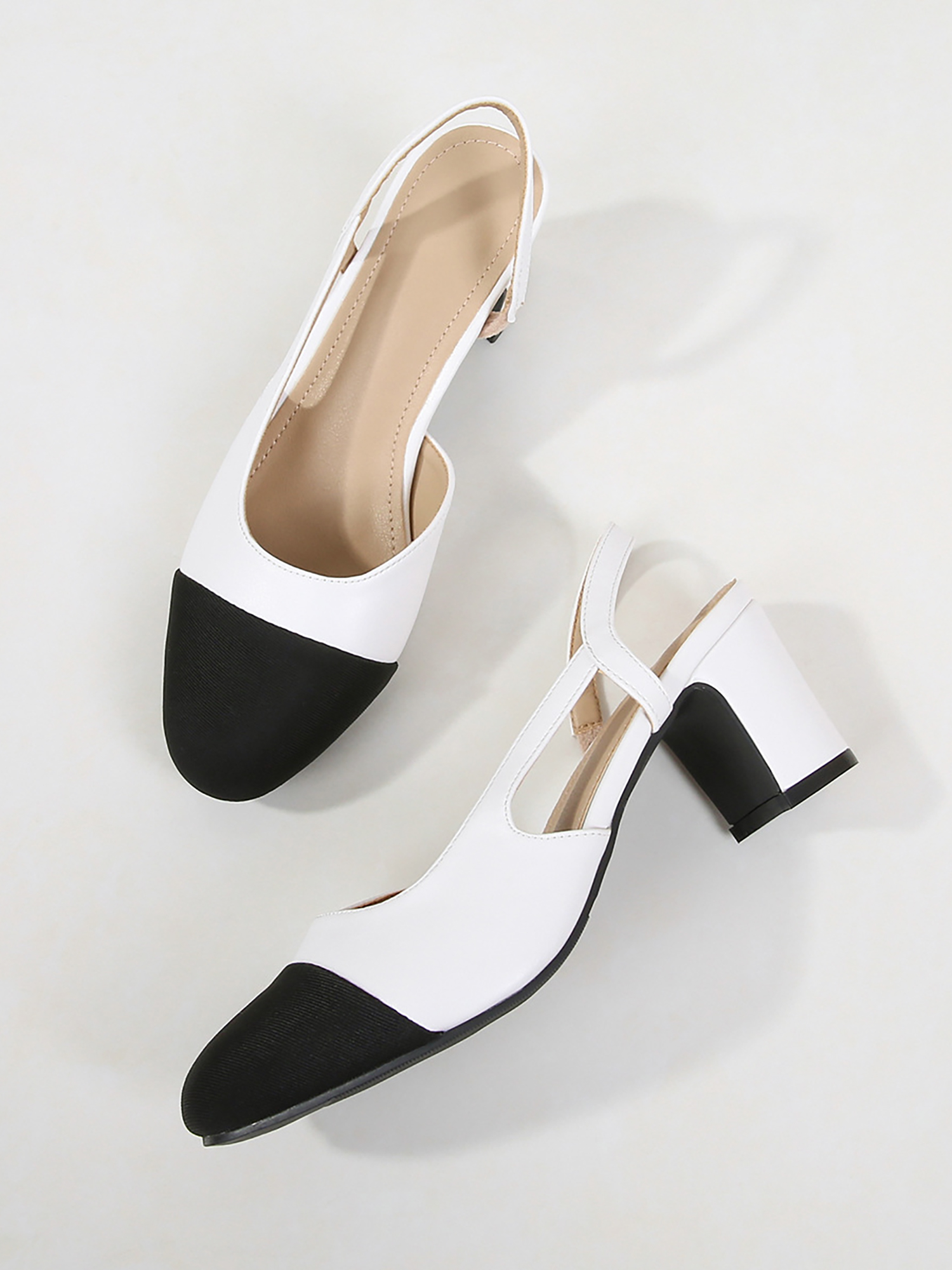 Colorblock Round Toe Chunky Heel Slingback Pumps White/6.5