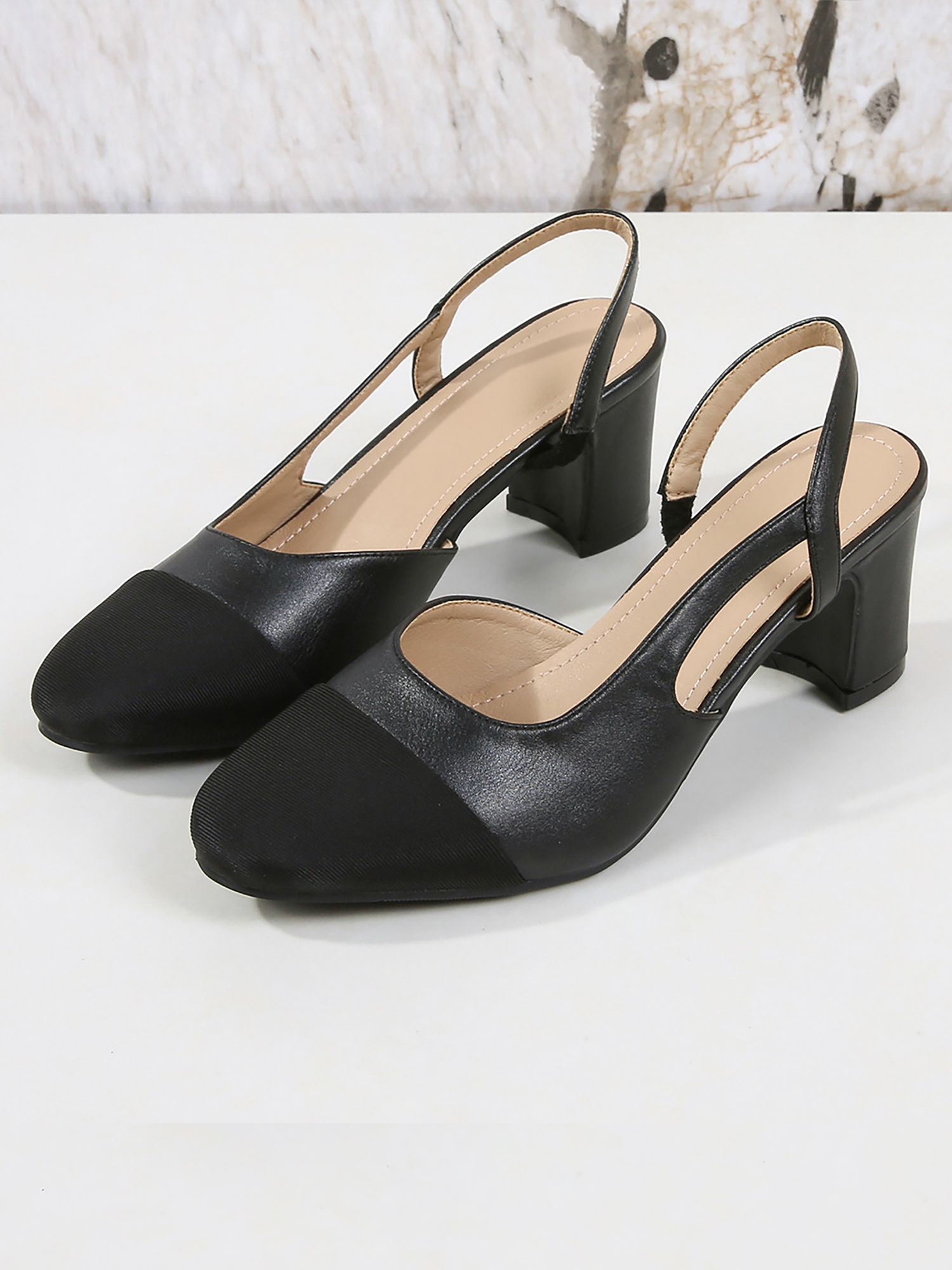 Colorblock Round Toe Chunky Heel Slingback Pumps Black/8.5