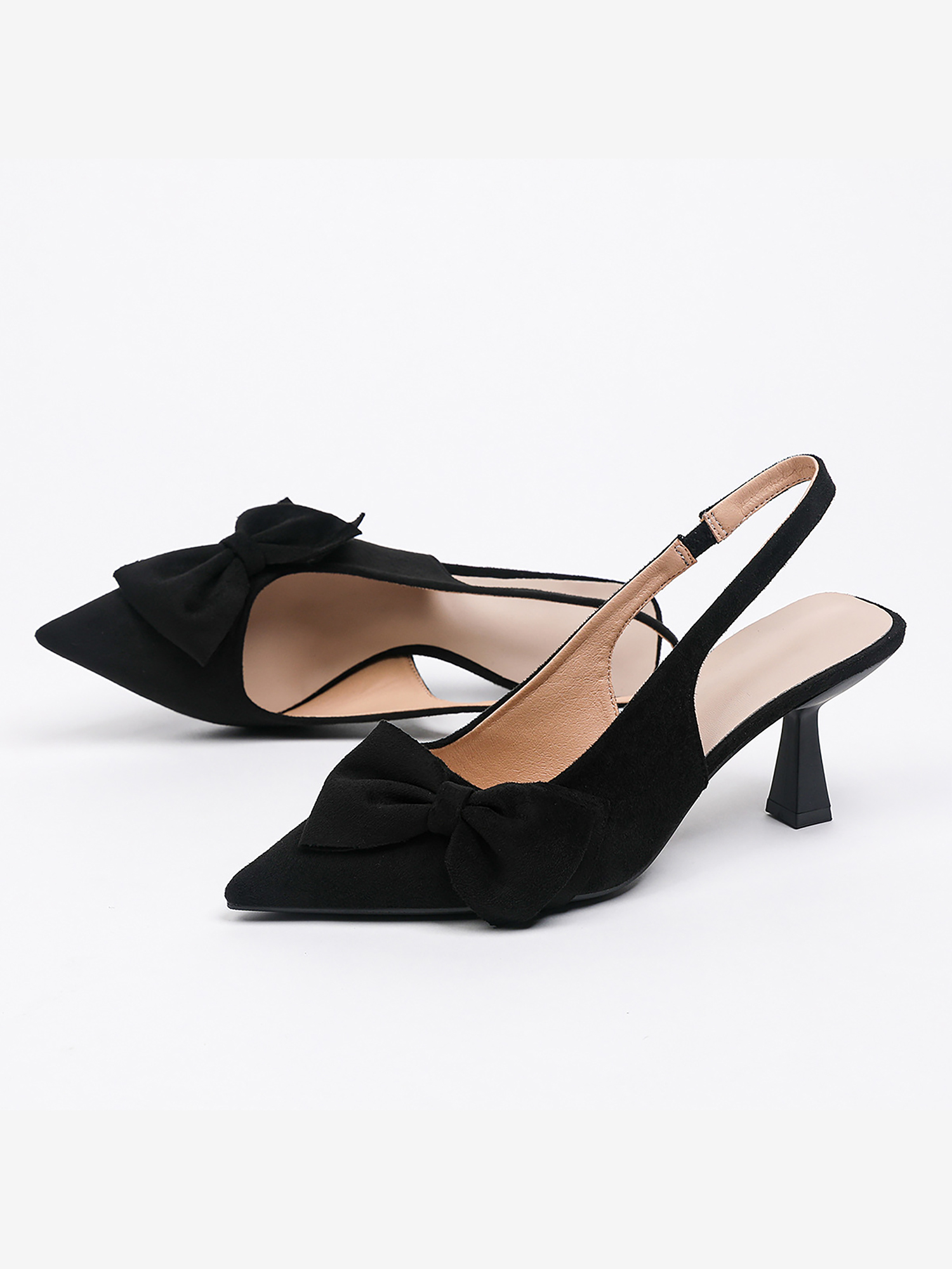 Bowknot Pointed Toe Stiletto Heel Faux Suede Slingback Pumps Black/10