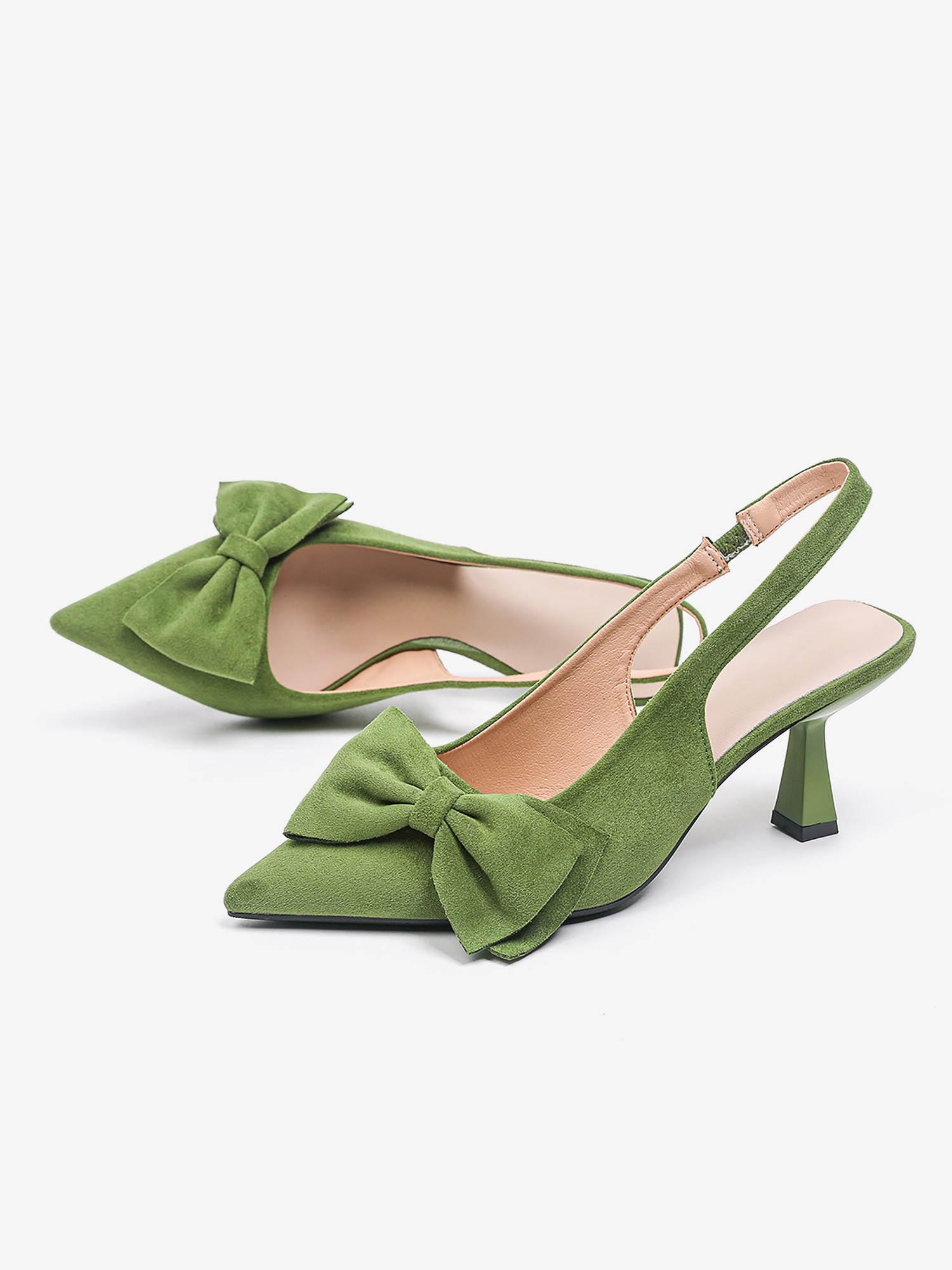 Bowknot Pointed Toe Stiletto Heel Faux Suede Slingback Pumps Green/7.5