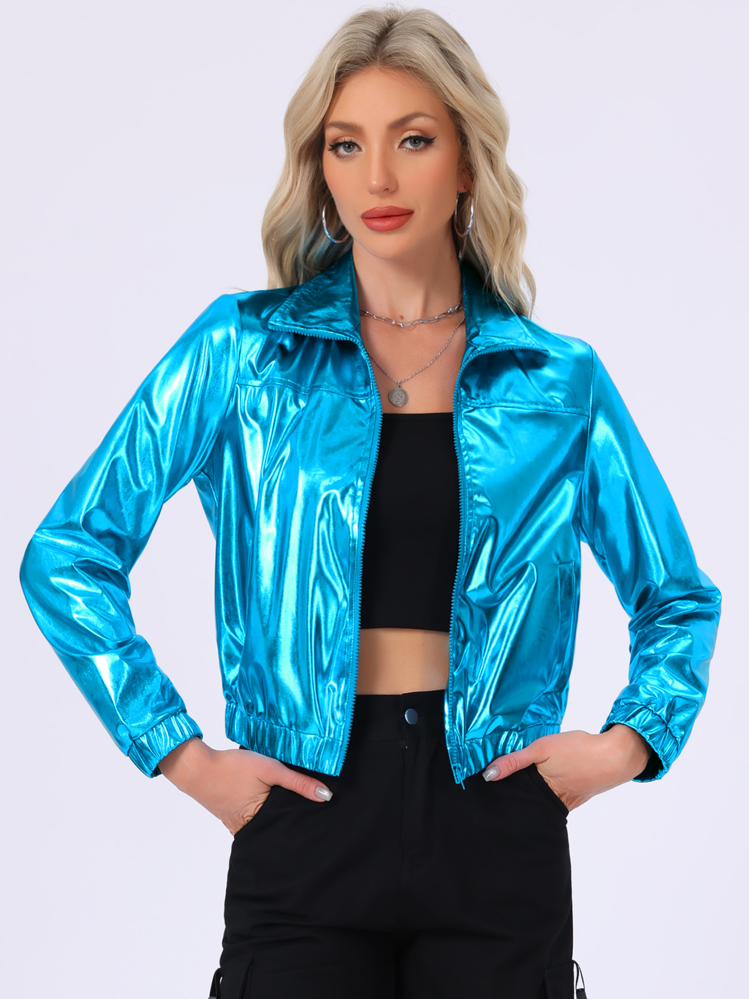Holographic Long Sleeve Lightweight Zipper Metallic Jacket Medium Blue/XS
