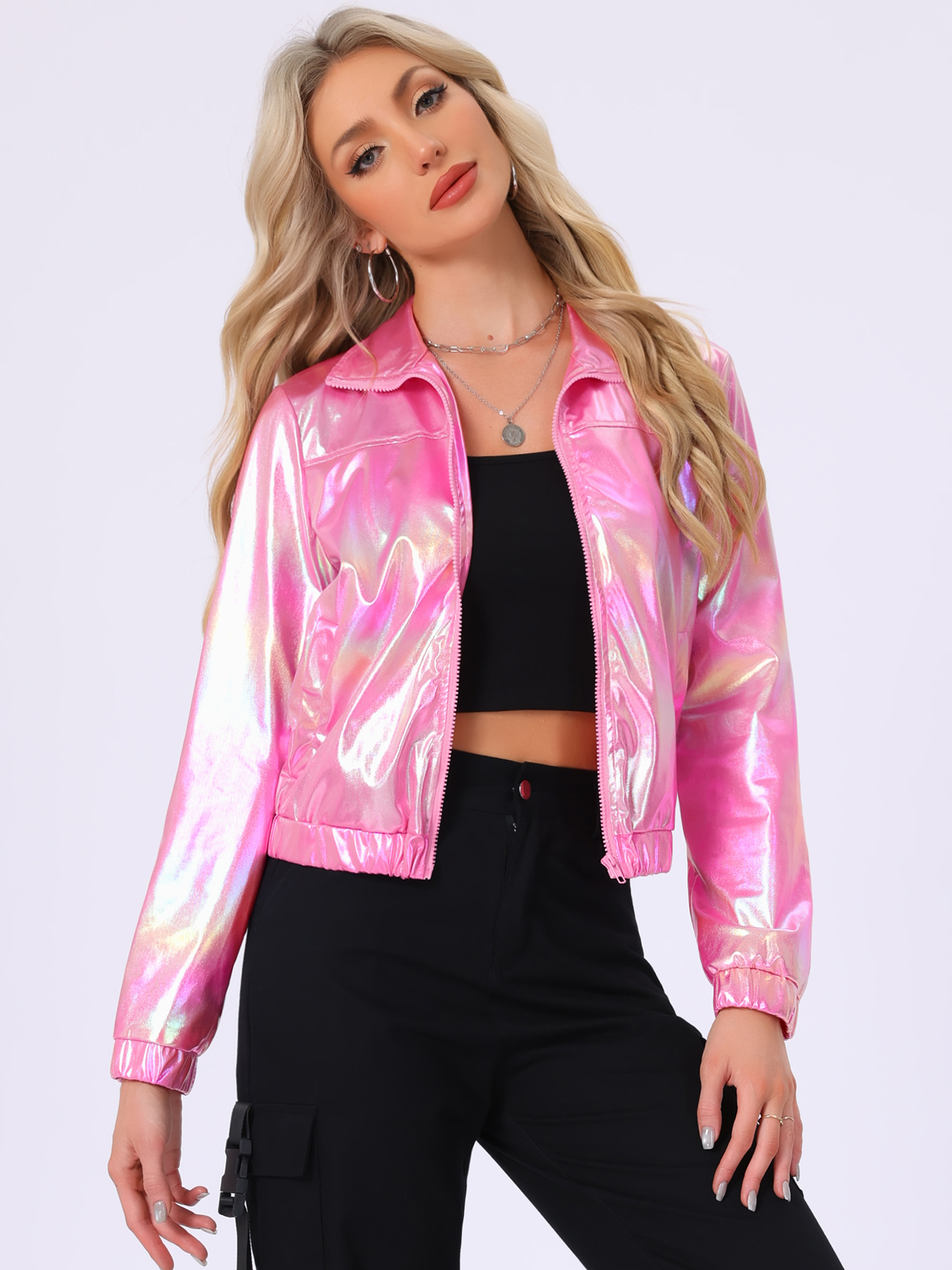 Holographic Long Sleeve Lightweight Zipper Metallic Jacket Pinks/S