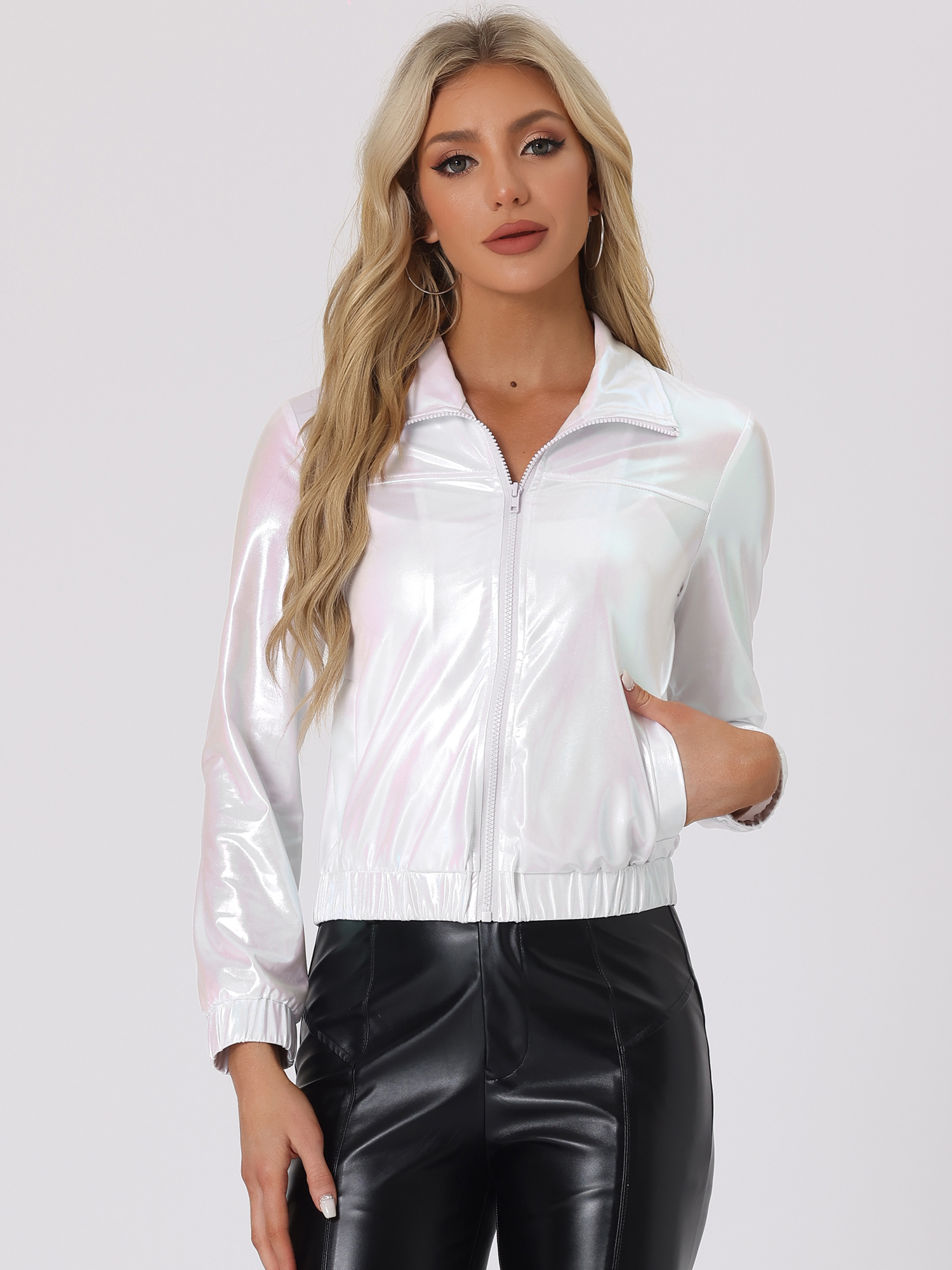 Holographic Long Sleeve Lightweight Zipper Metallic Jacket White Holographic/2XL