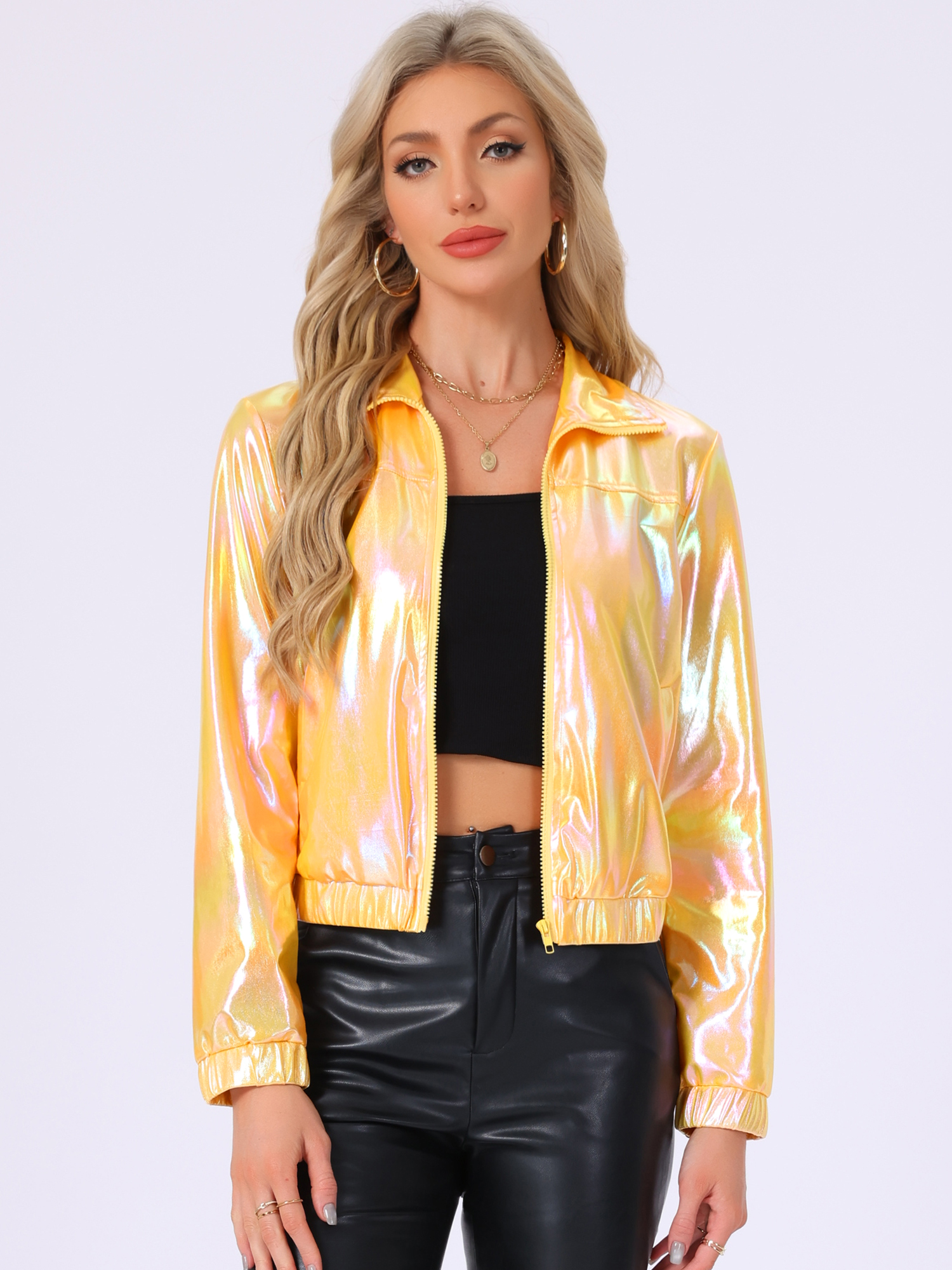Holographic Long Sleeve Lightweight Zipper Metallic Jacket Yellow/M