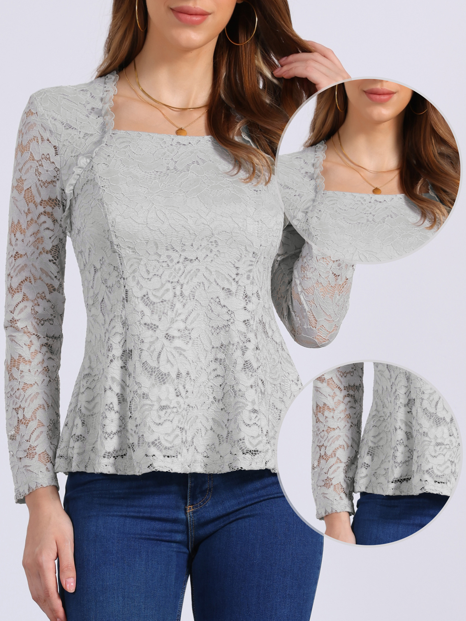 Lace Square Neck Long Sleeve Stertch Peplum Blouse Grey/L
