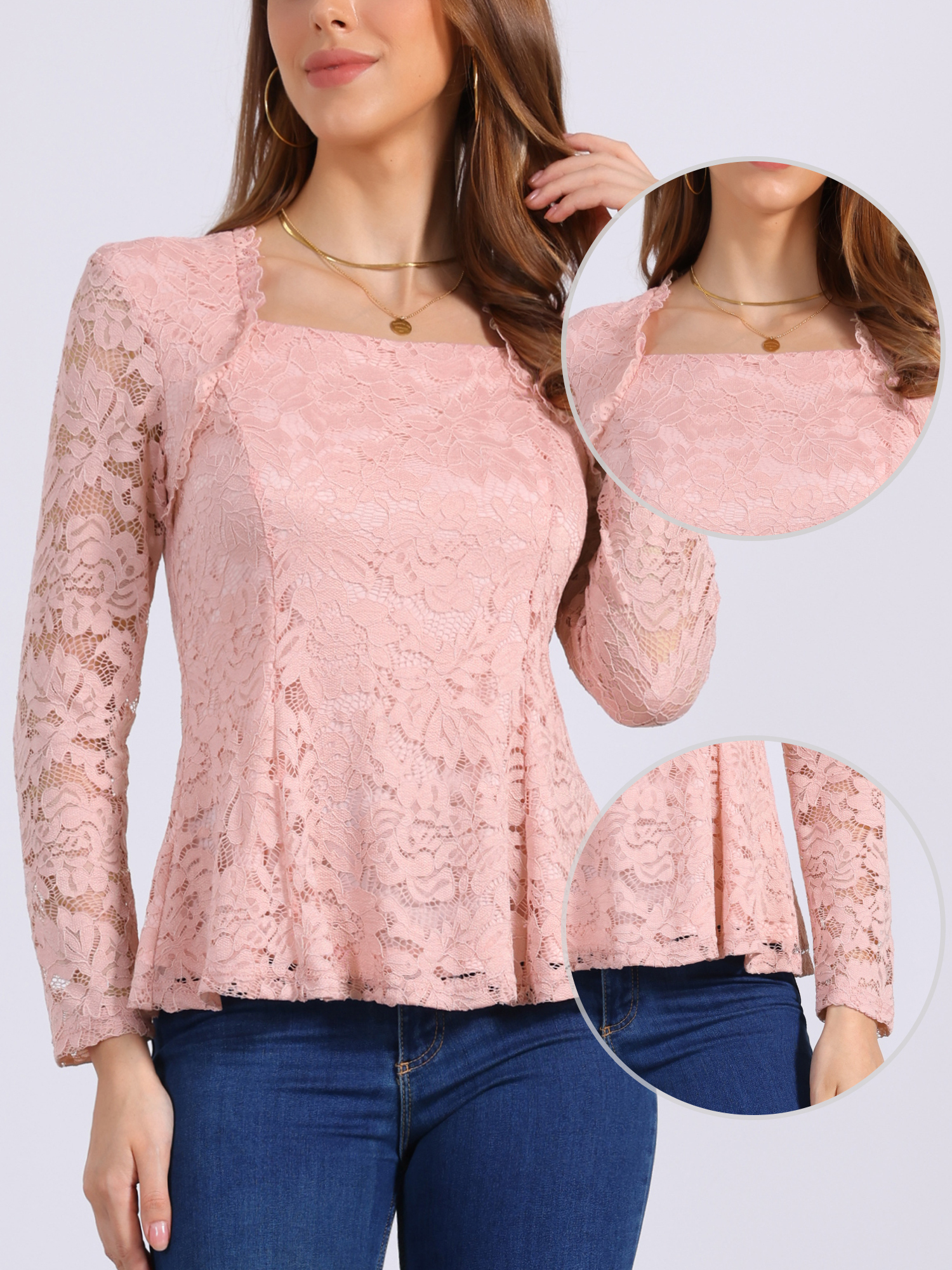 Lace Square Neck Long Sleeve Stertch Peplum Blouse Pink/L