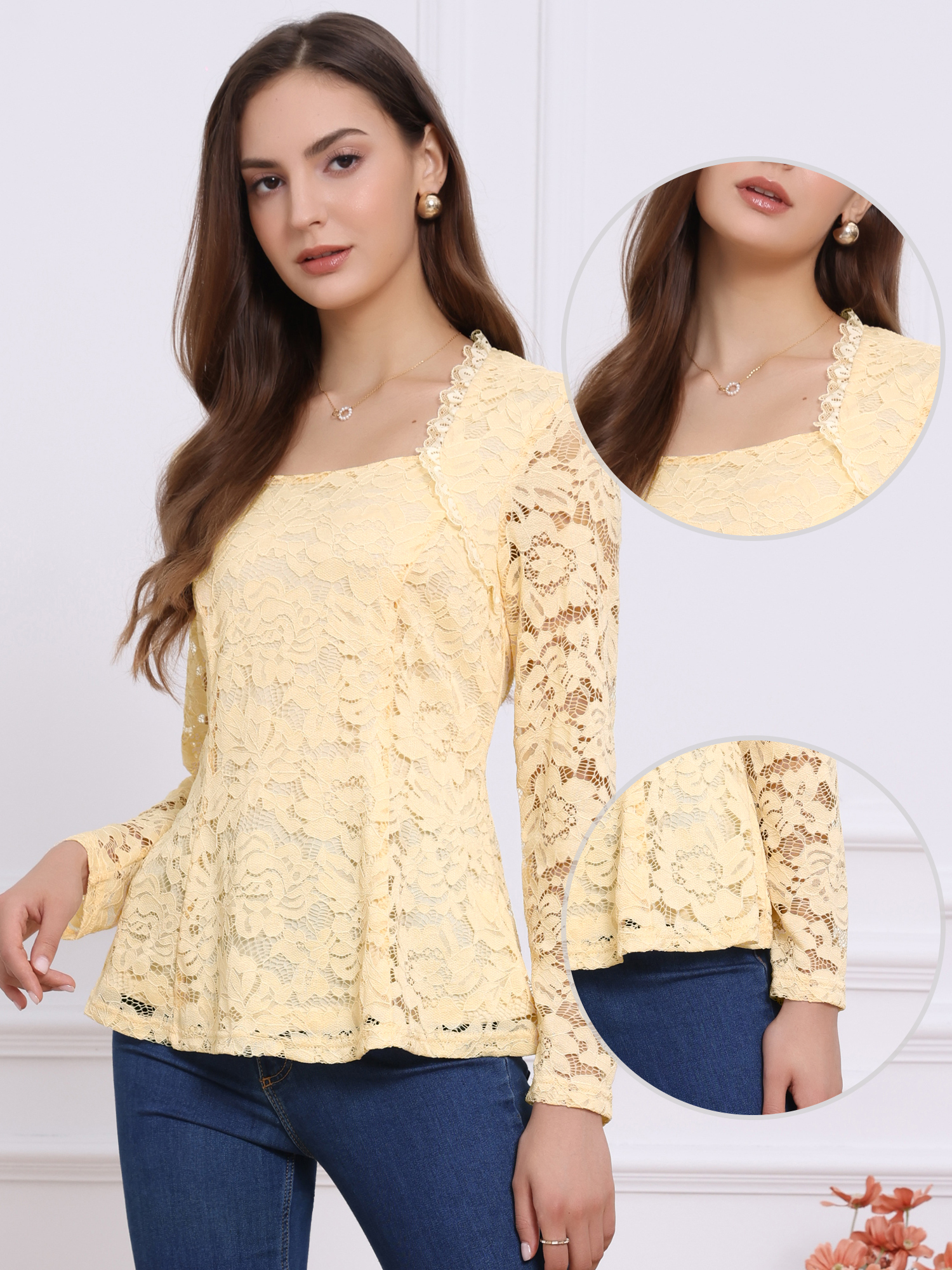 Lace Square Neck Long Sleeve Stertch Peplum Blouse Apricot/L