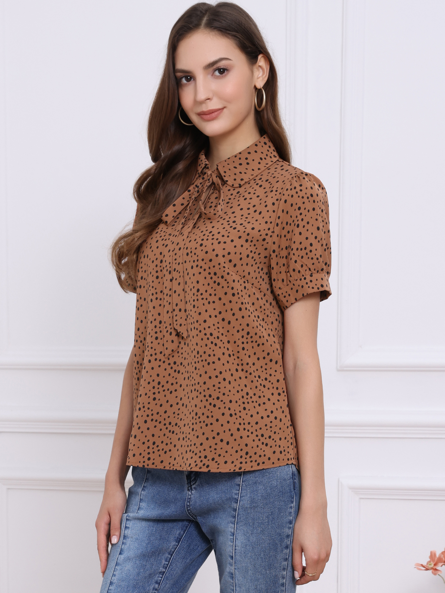 Retro Dots Bow Tie Peter Pan Collar Chiffon Blouse Light Brown-Dots/S