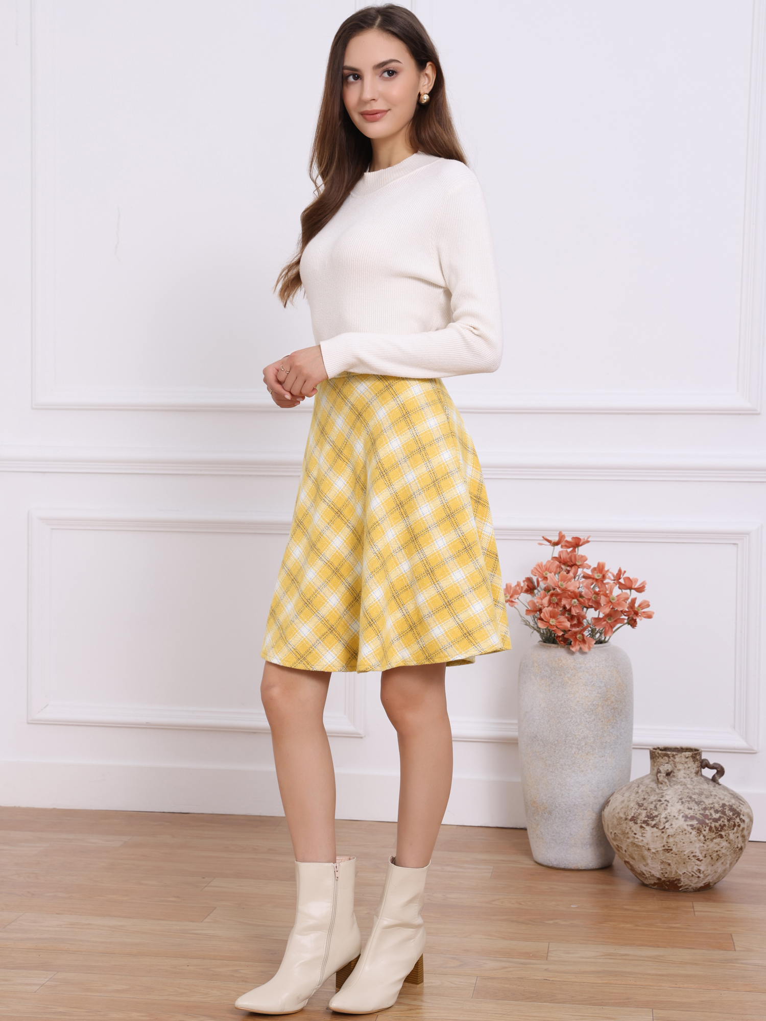 Vintage Plaid Tartan Elastic Waist Knee Length A-Line Skirt Yellow/M