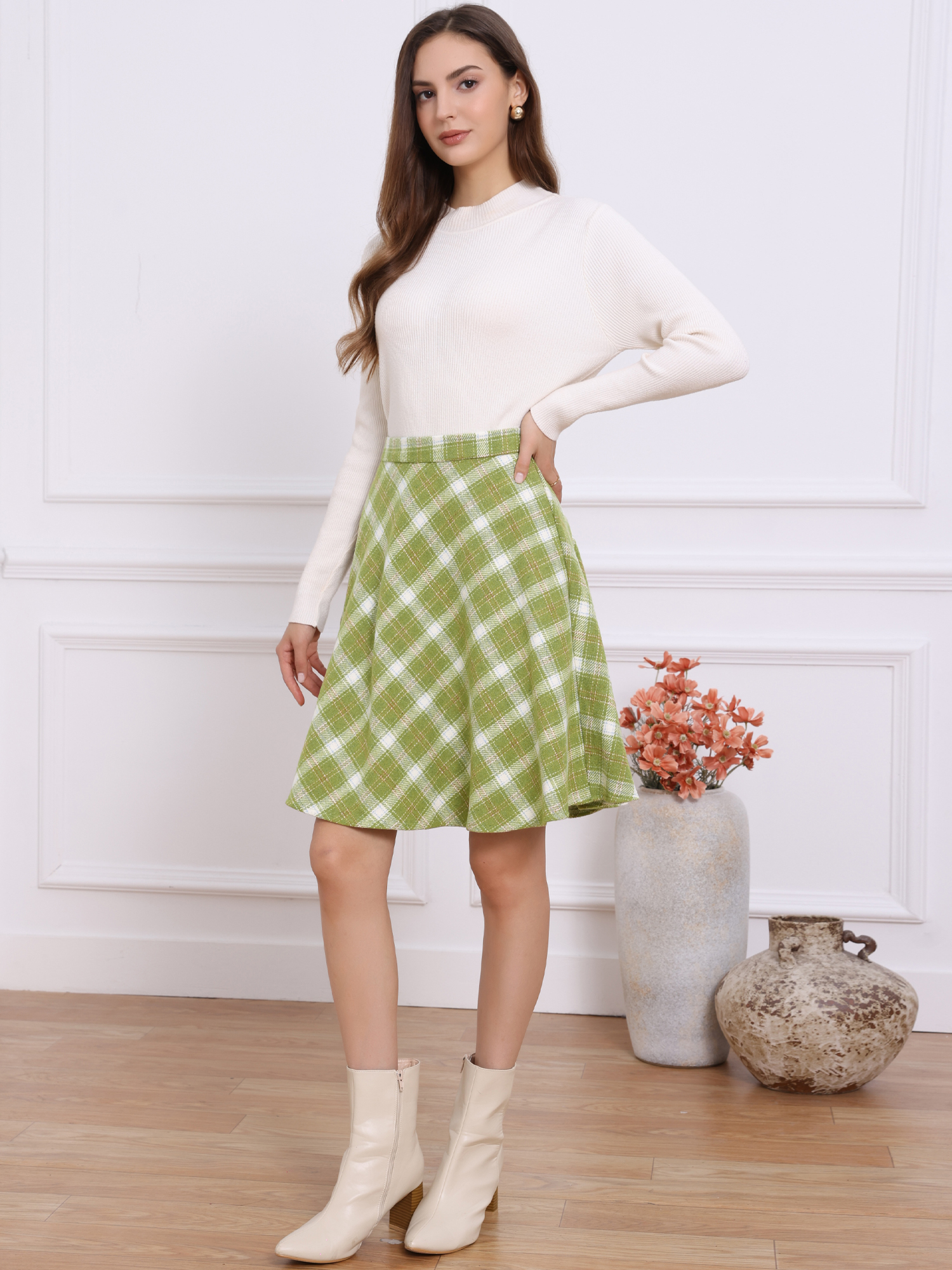 Vintage Plaid Tartan Elastic Waist Knee Length A-Line Skirt Light Green/L