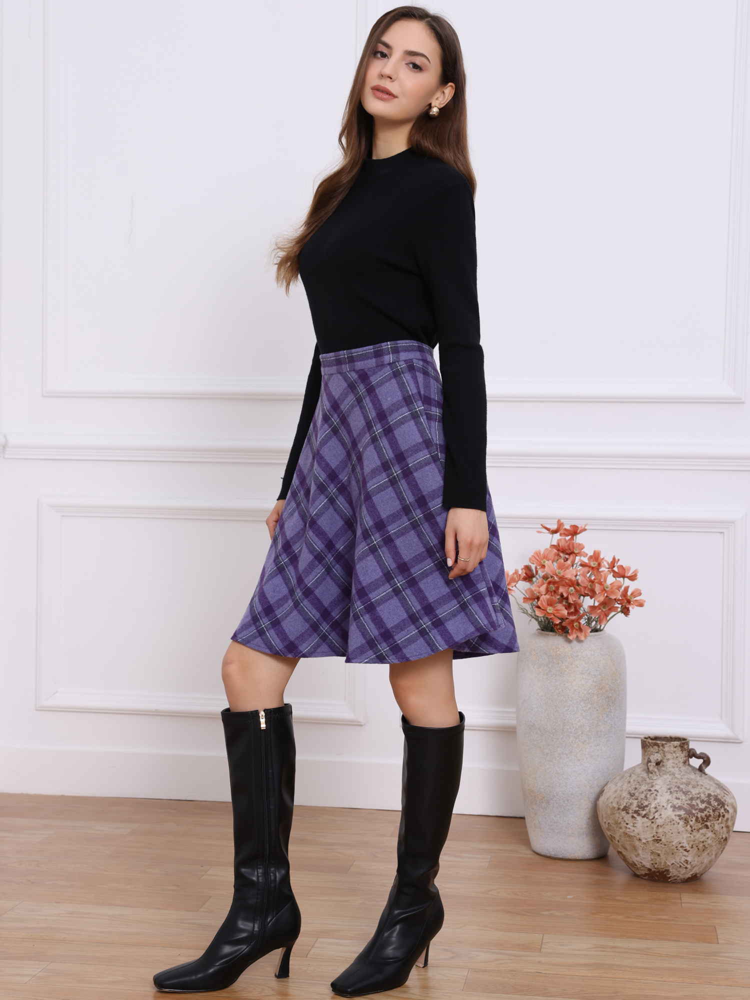 Vintage Plaid Tartan Elastic Waist Knee Length A-Line Skirt Dark Purple/M