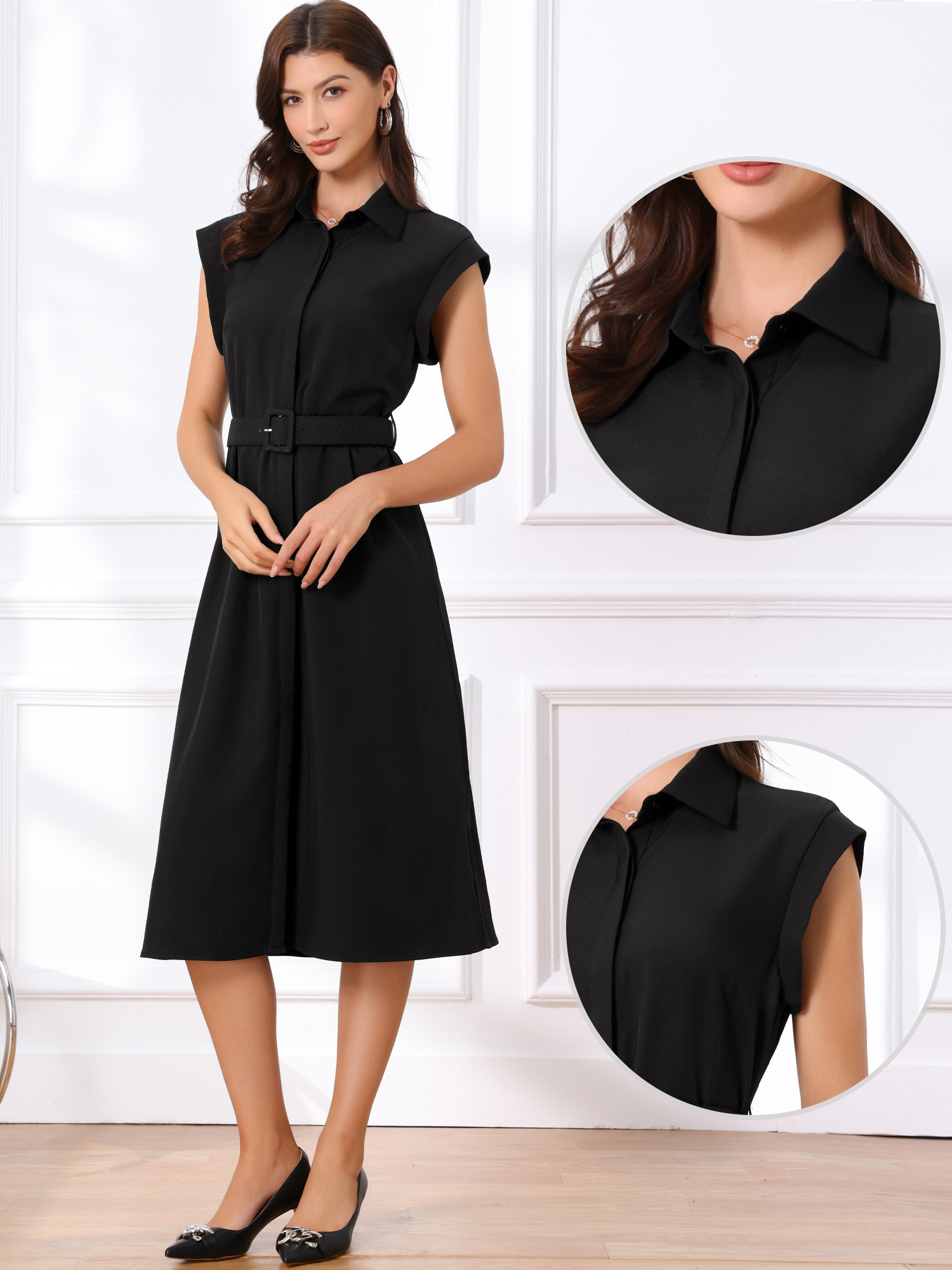 Cap Sleeves Collared Button Down Belted Midi Work Dress Black/M