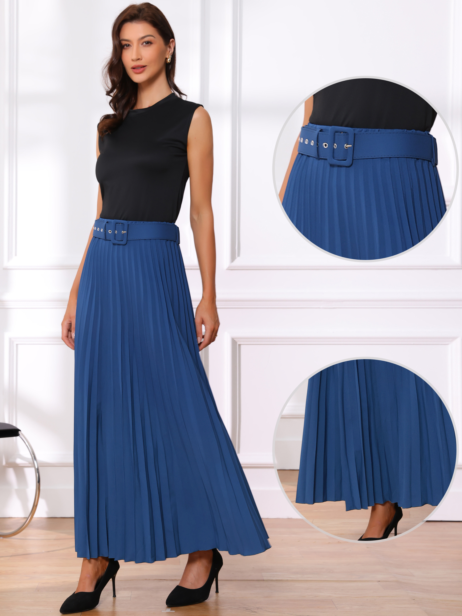 Flowy Pleated Elastic High Waist Belted Swing A-line Maxi Skirt Navy Blue/L