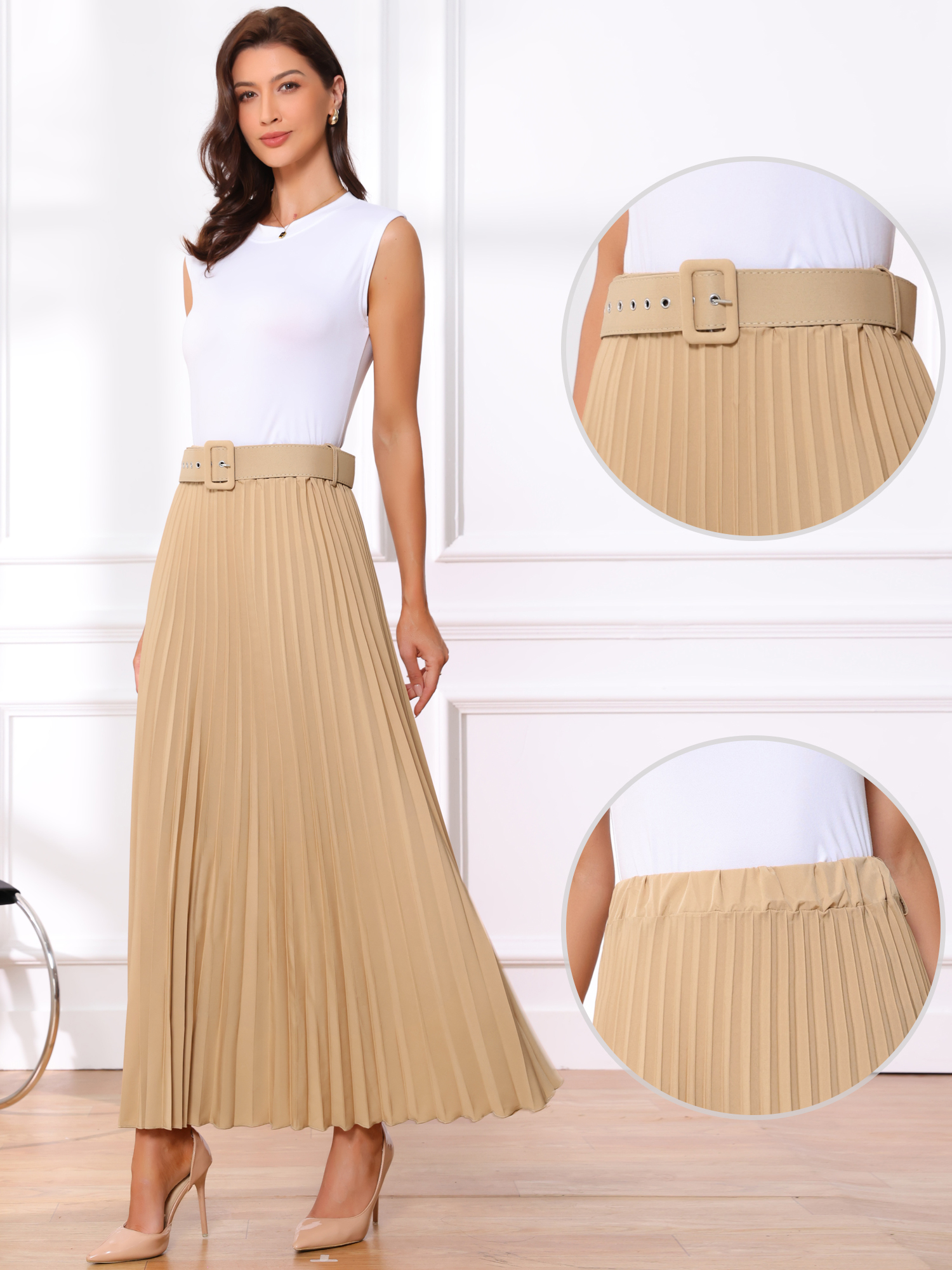 Flowy Pleated Elastic High Waist Belted Swing A-line Maxi Skirt Khaki/M