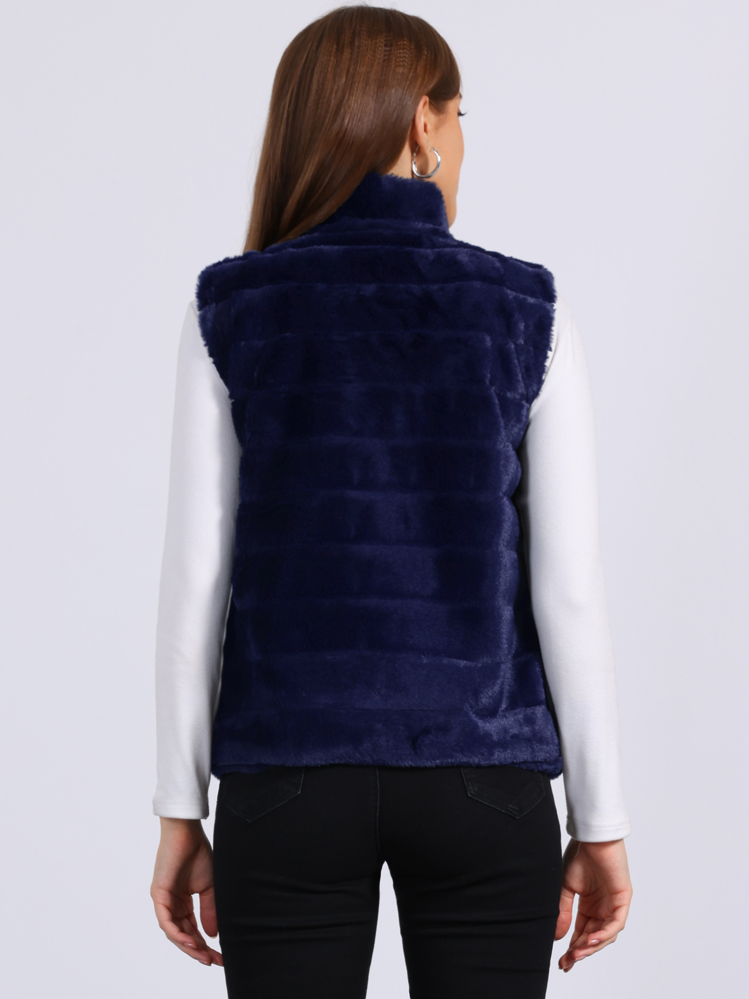 Fluffy Vest Jacket Stand Collar Sleeveless Faux Fur Coat Dark Blue/XS