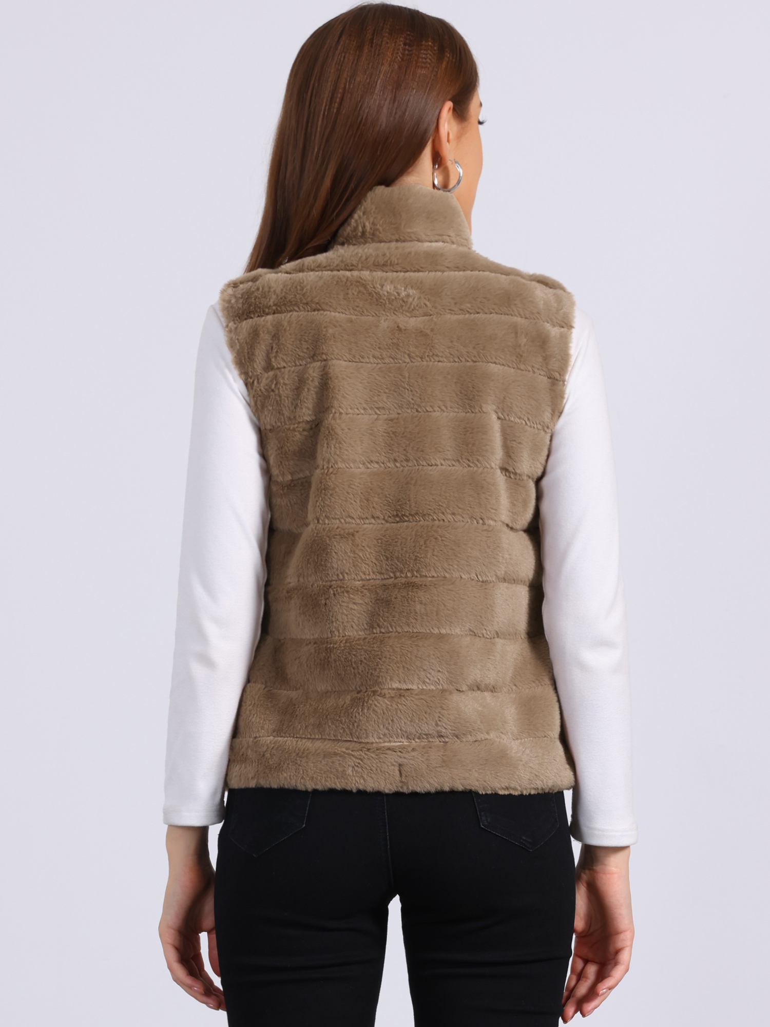 Fluffy Vest Jacket Stand Collar Sleeveless Faux Fur Coat Khaki/M