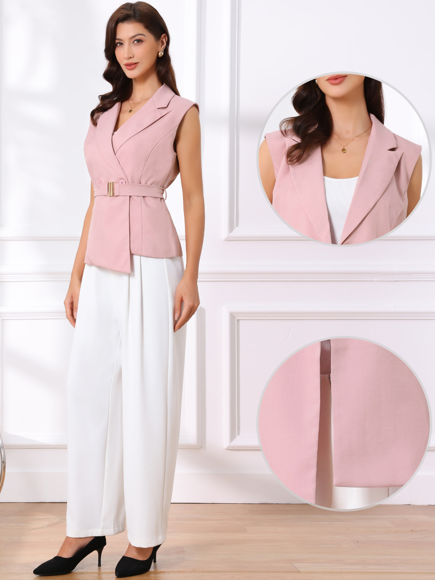 Sleeveless Belted Lapel Collar Work Vest Pink/XS