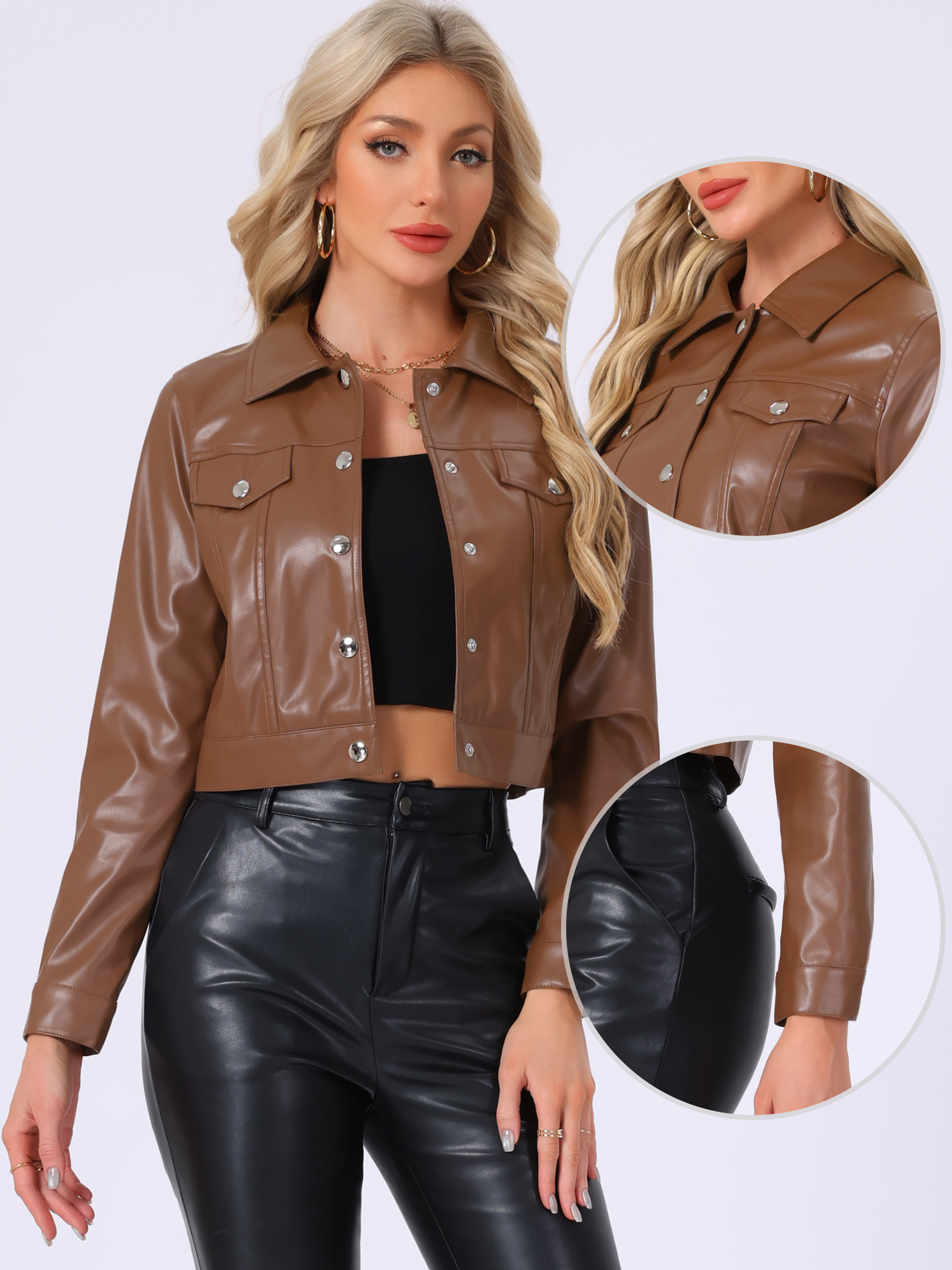 Metallic Biker Holographic Button Down Shiny Jacket Coffee/S