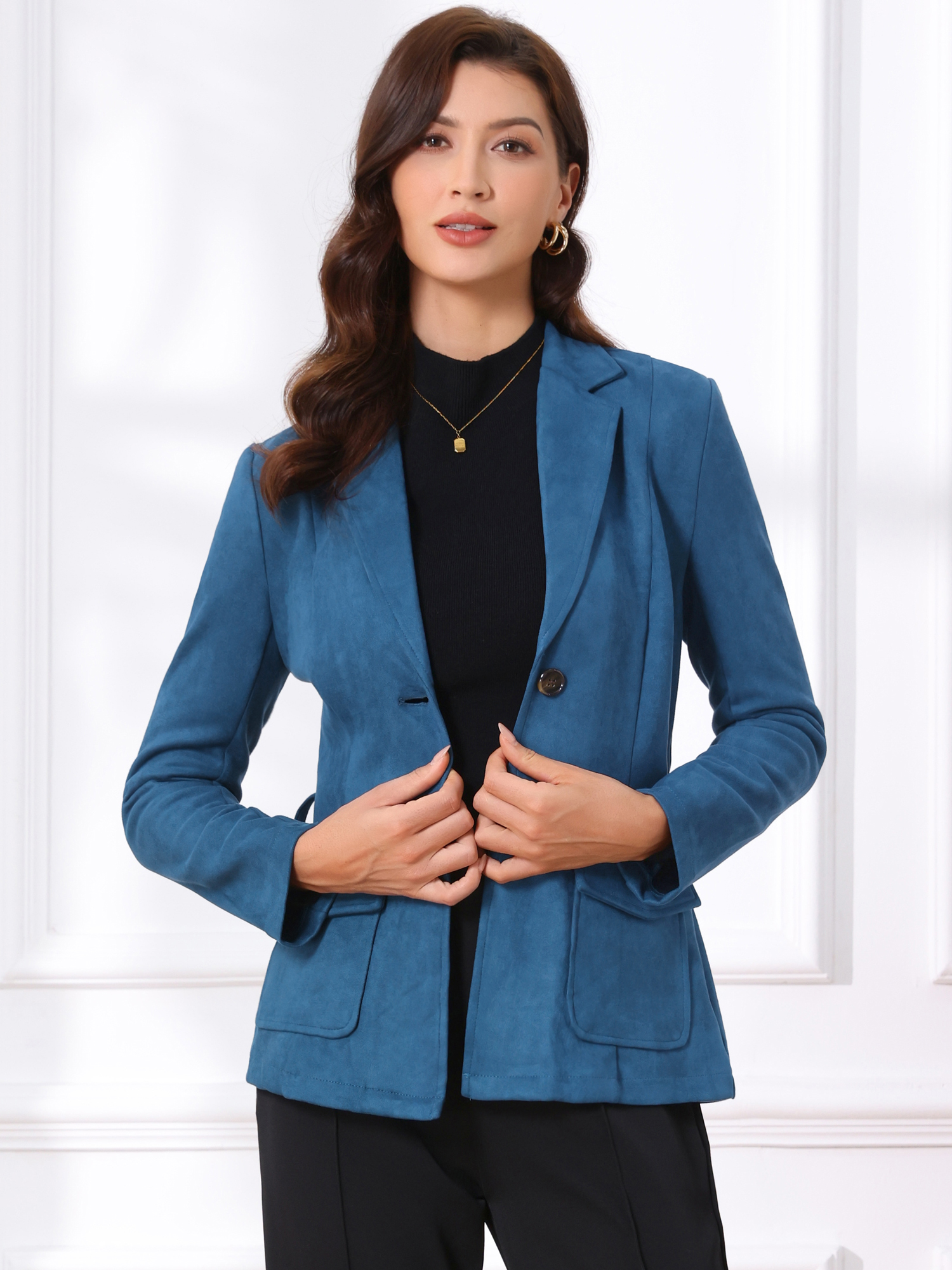 Faux Suede Blazer Belted Lapel Outwear Single Breasted Work Jacket Peacoak Blue/XL