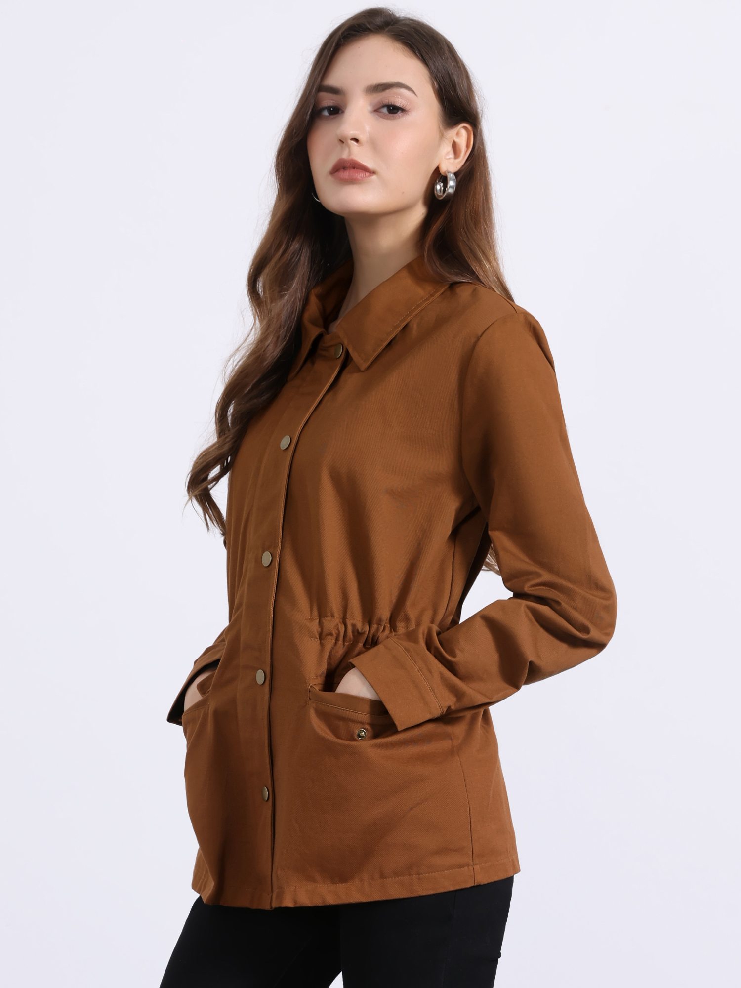Drawstring Waist Flap Pocket Lightweight Utility Safari Jacket Caramel/M