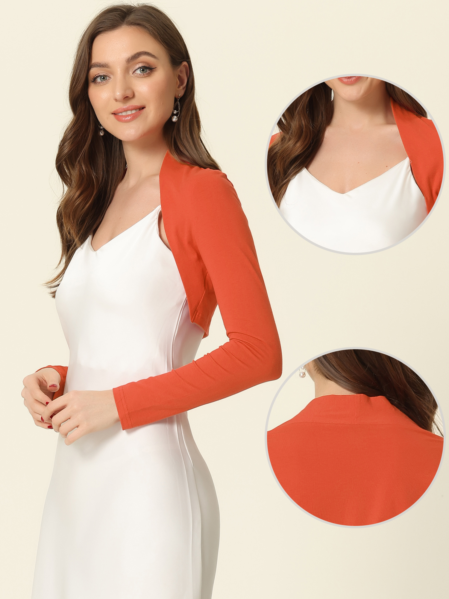 Elegant Long Sleeve Knit Open Front Cropped Bolero Shrug Orange/M
