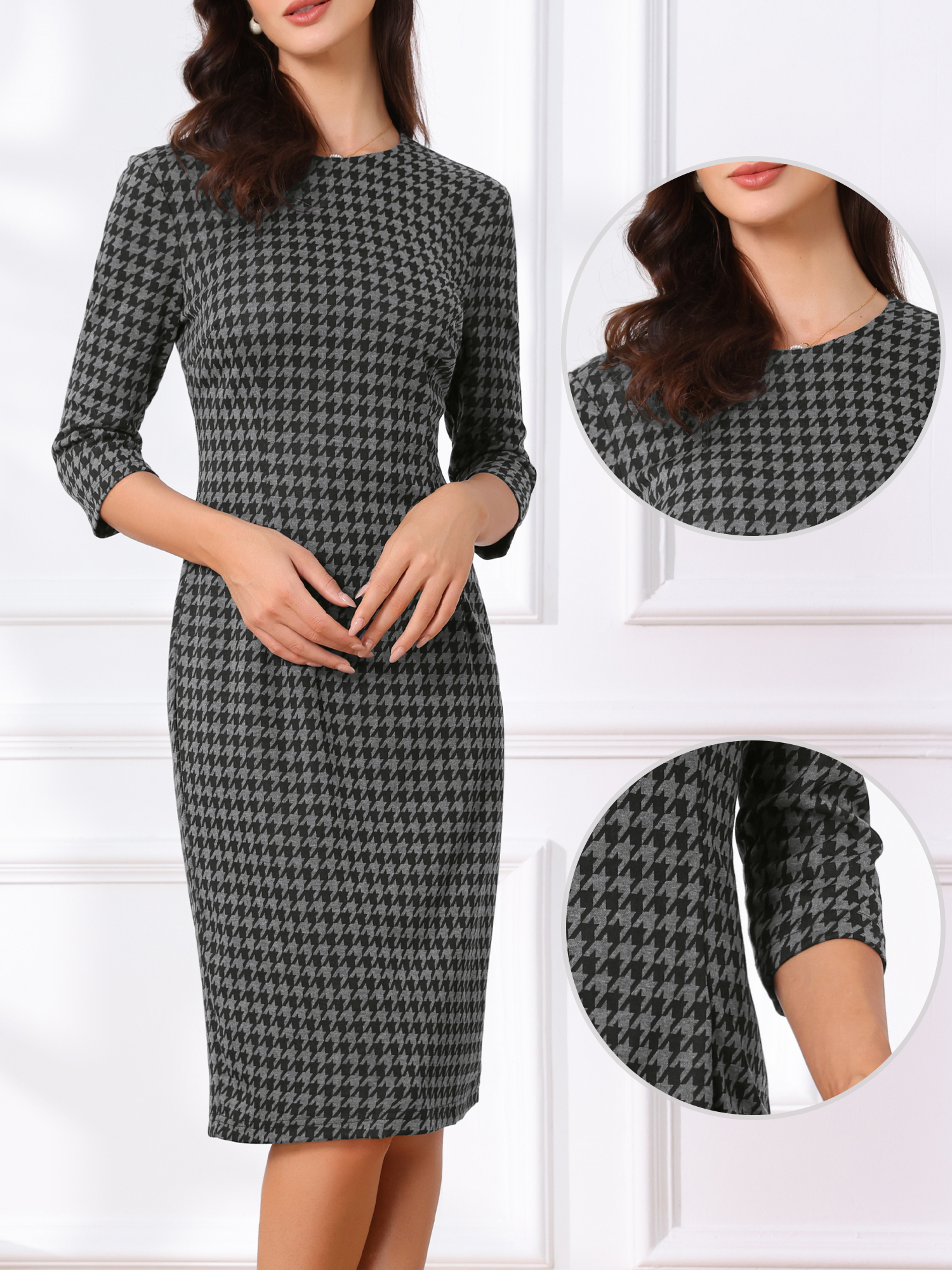 Houndstooth 3/4 Sleeve Elegant Cinched Waist Sheath Dress Dark Grey/M