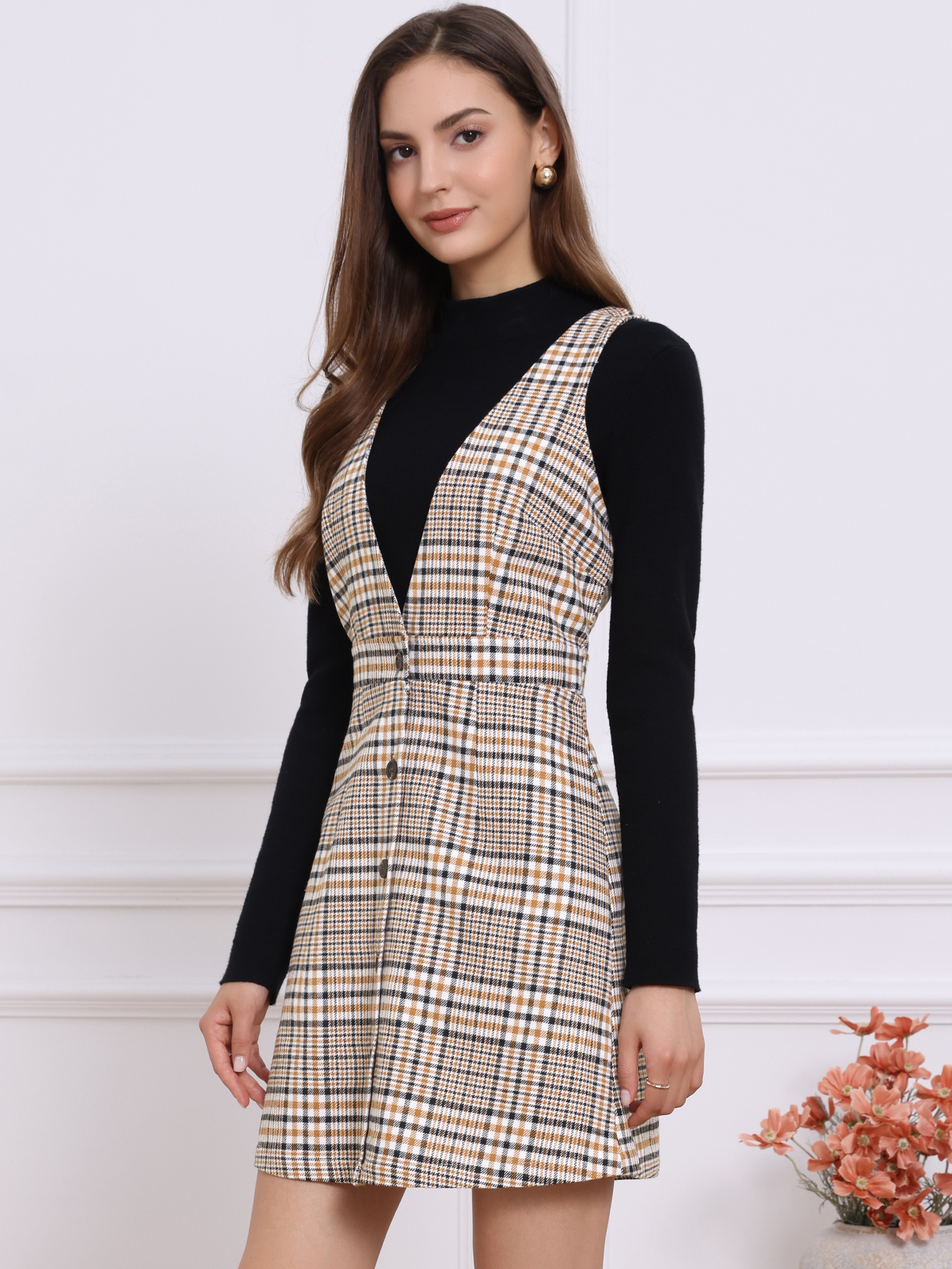 Overalls Suspenders V Neck Plaid Houndstooth Pinafore Dress Black Khaki/XS