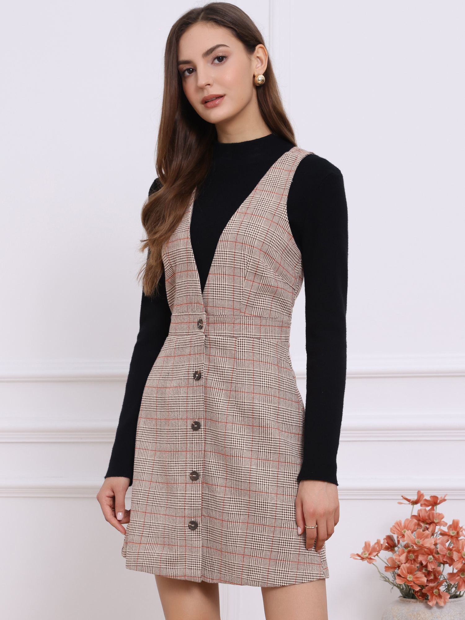 Overalls Suspenders V Neck Plaid Houndstooth Pinafore Dress Khaki Check/L